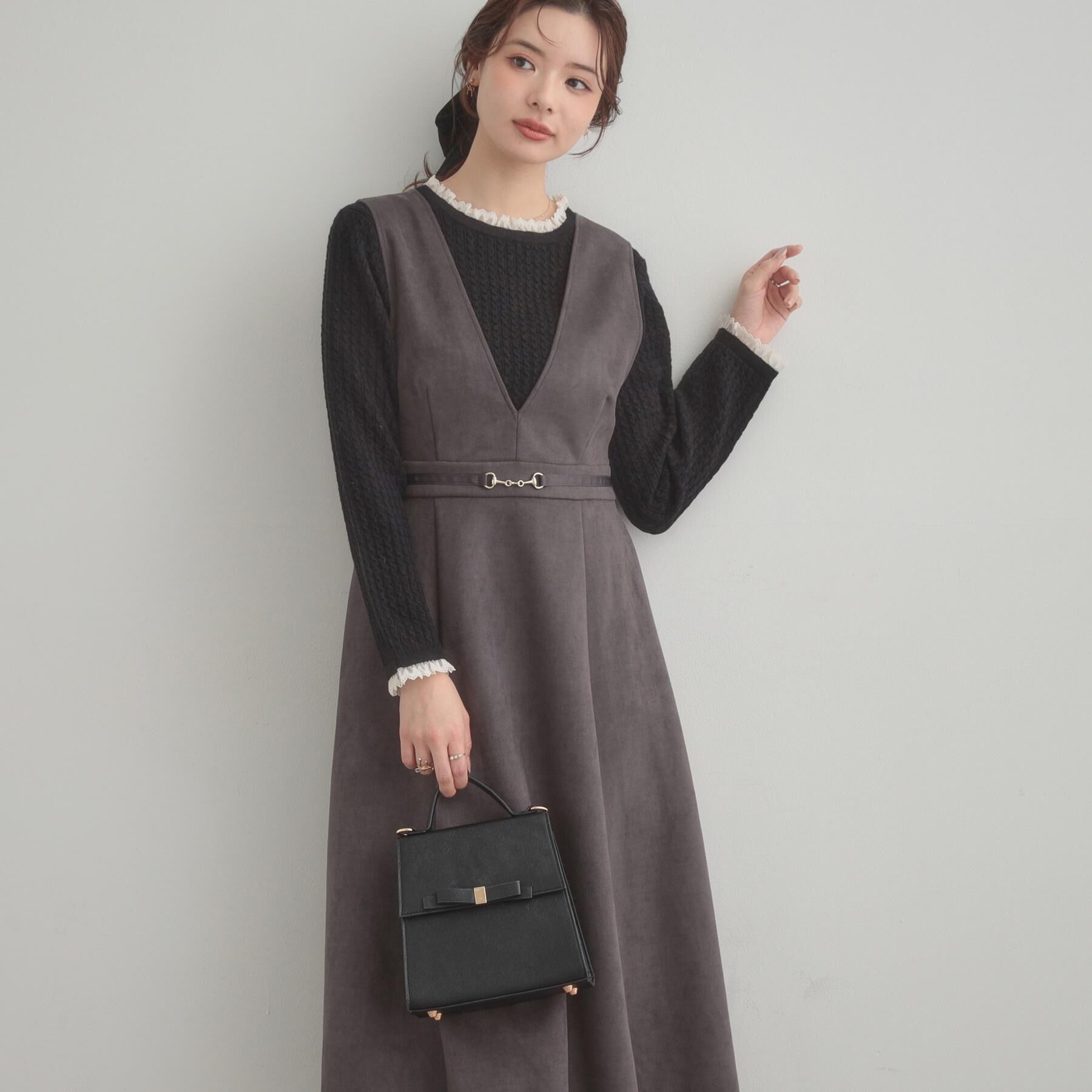 Couture broach「【S-LL/通勤】ビット付き スエード調ダンボールジャンスカ」|ワンピース|