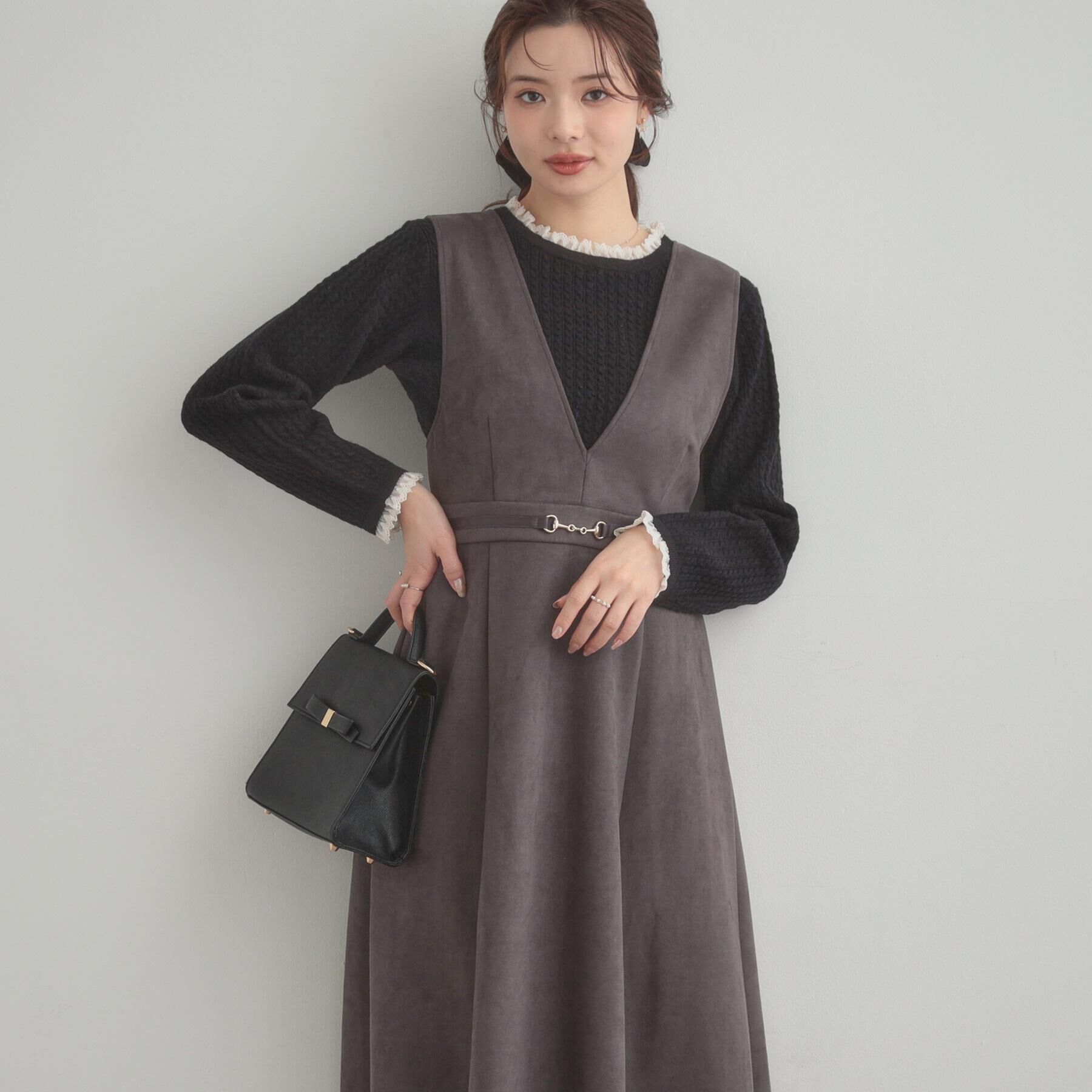 Couture broach「【S-LL/通勤】ビット付き スエード調ダンボールジャンスカ」|ワンピース|チャコールグレー(0