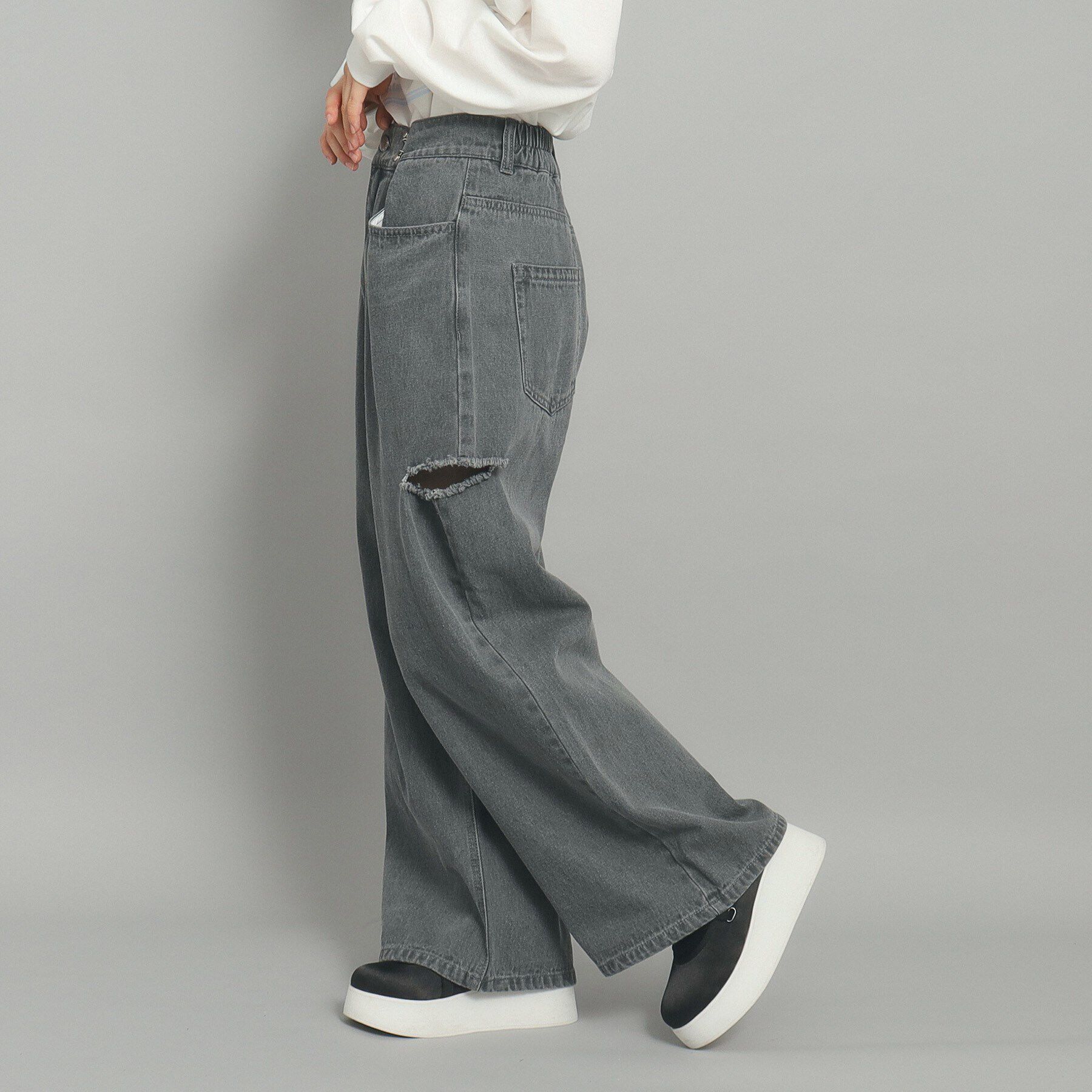 PINK-latte「【130cmあり／ウエストホック】サイドカットデニム」|その他|ブラック(419)