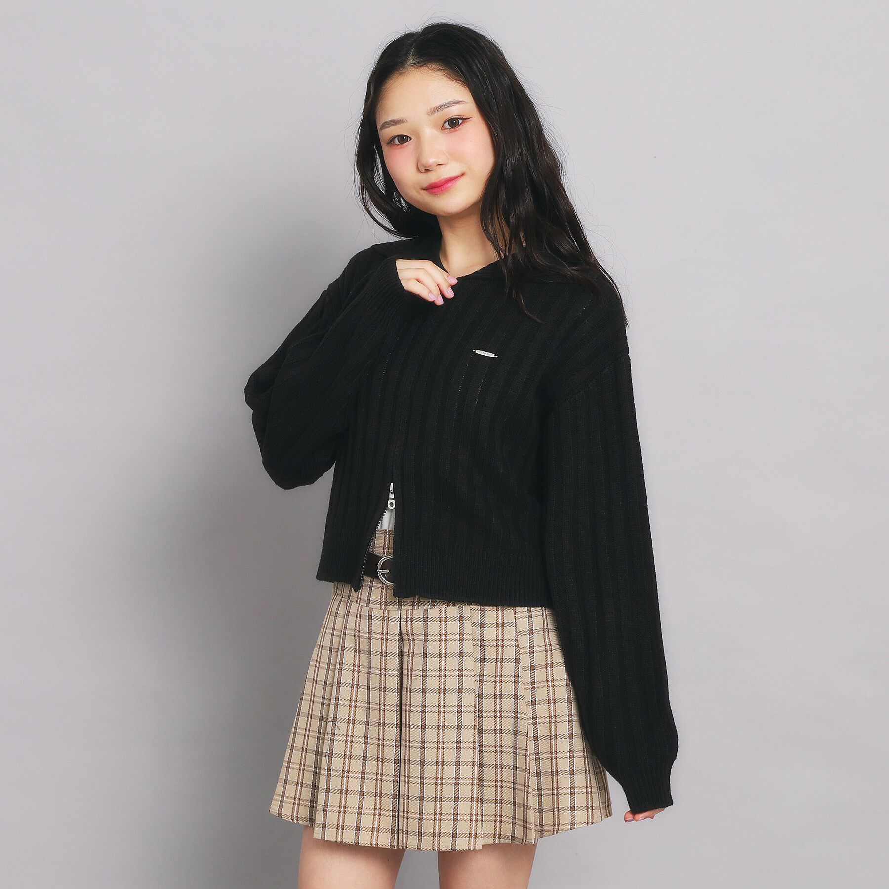 PINK-latte「ダブルジップビッグカラーニット」|カーディガン|