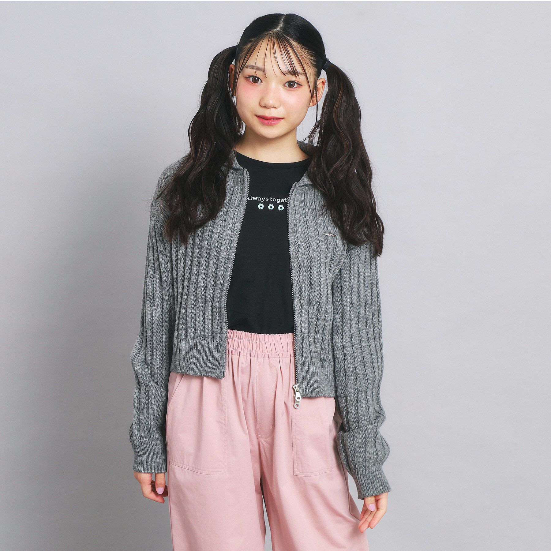 PINK-latte「ダブルジップビッグカラーニット」|カーディガン|グレー(012)