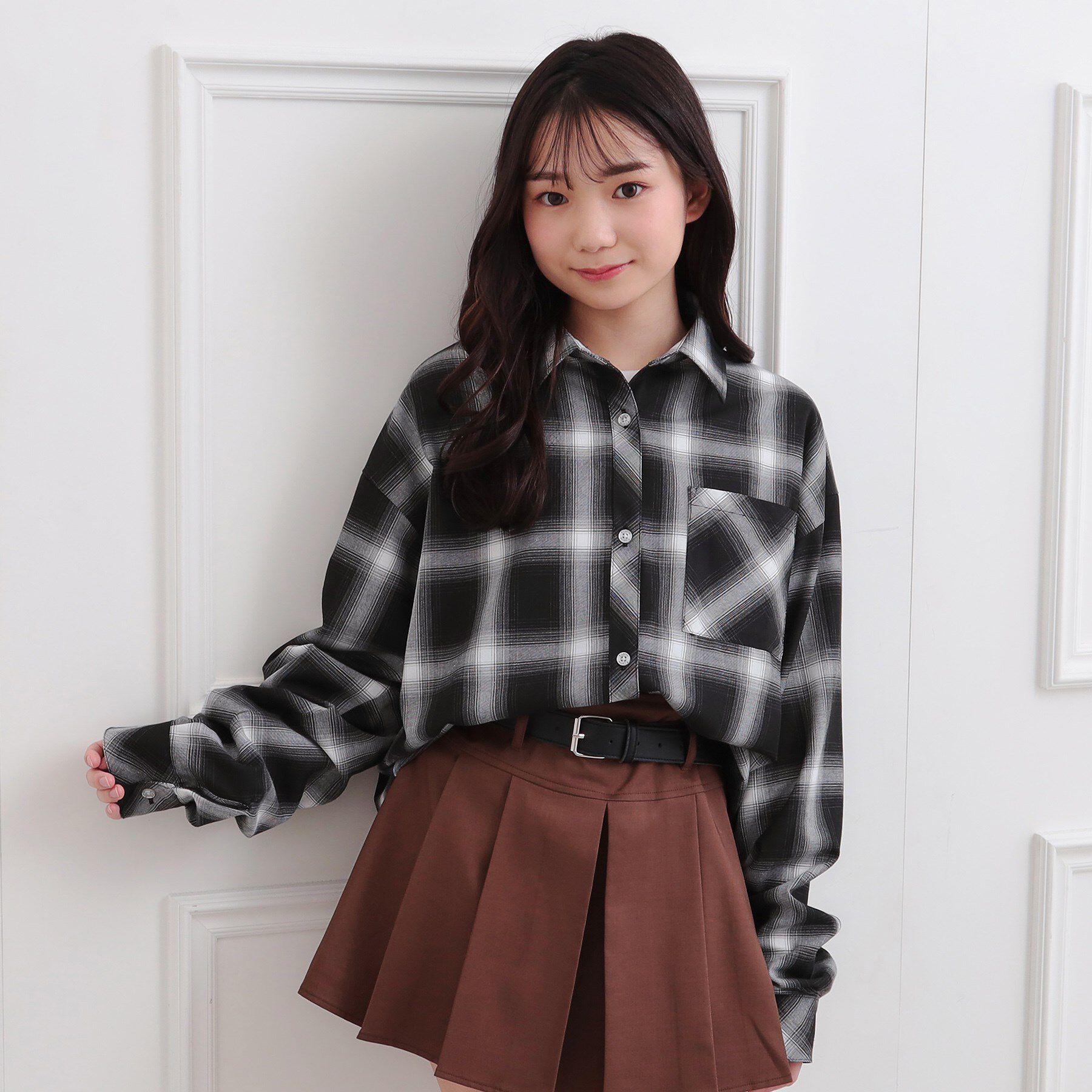 PINK-latte「ルーズチェックシャツ＋ロンT」|その他|ブラック(219)