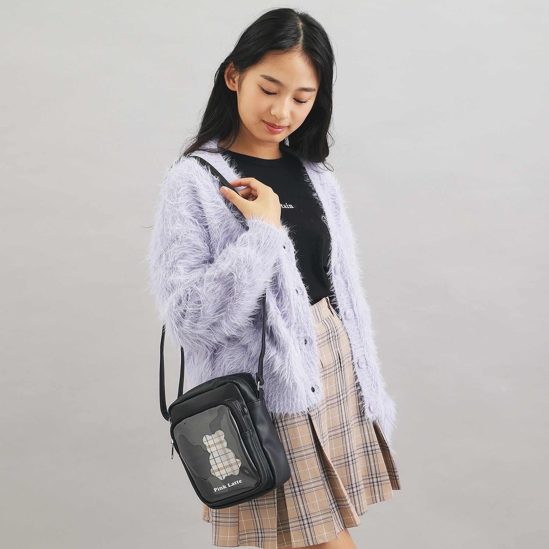 PINK-latte「クマチェックショルダー」|ショルダー・メッセンジャー|ブラック(019)