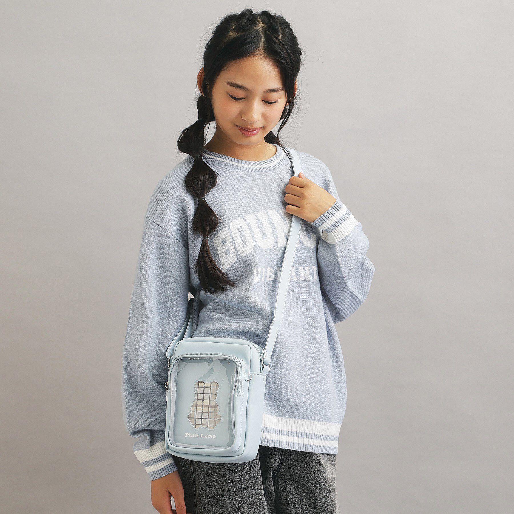 PINK-latte「クマチェックショルダー」|ショルダー・メッセンジャー|ブルー(091)