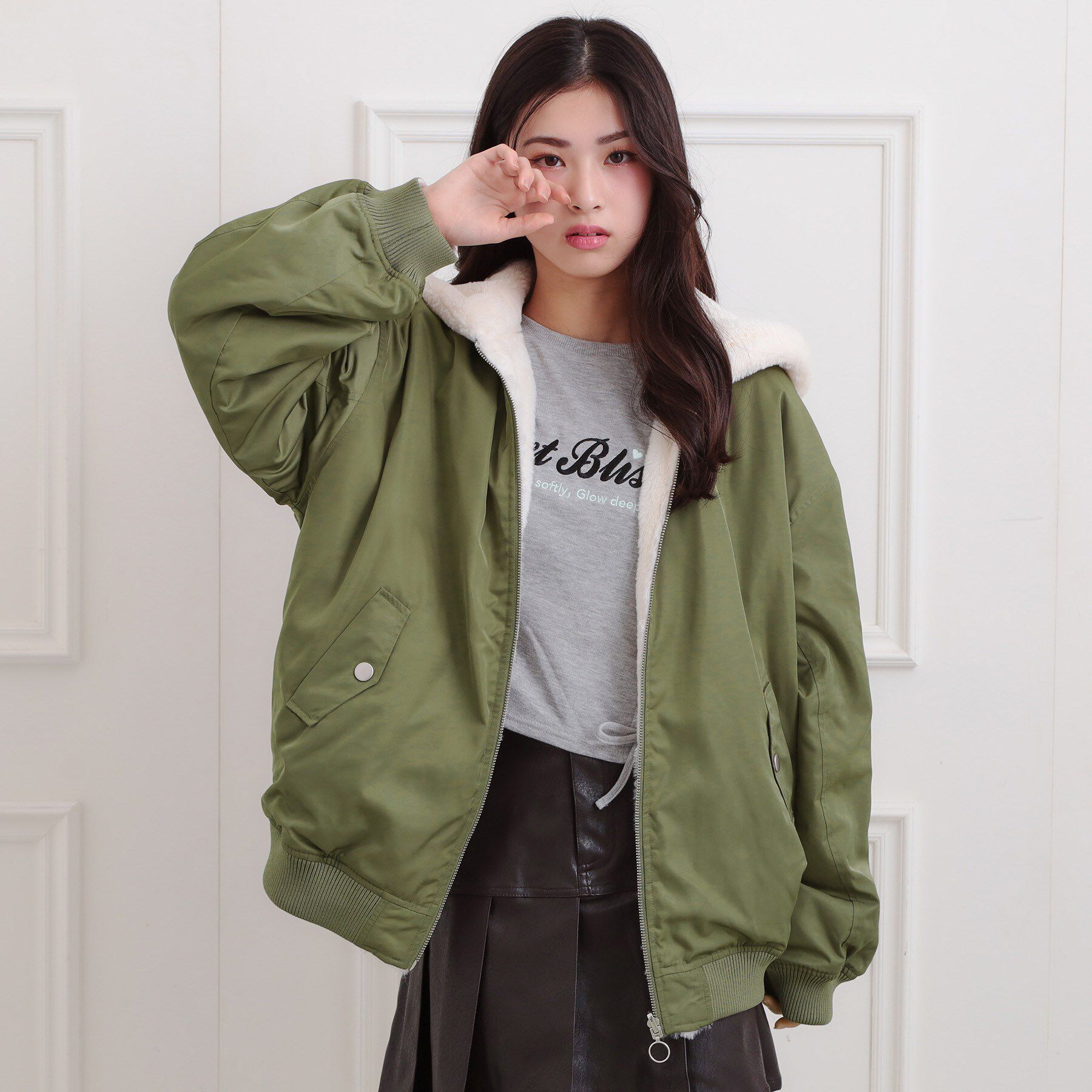 PINK-latte「リバーシブルフェイクファーブルゾン」|ブルゾン・スタジャン|カーキ(029)