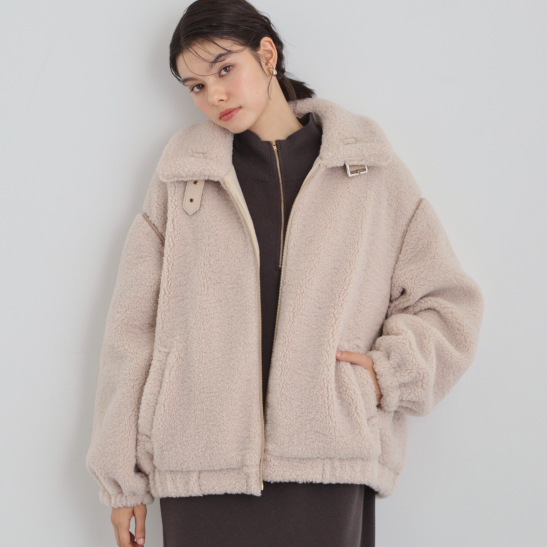 THE SHOP TK「マシュマロタッチ ボアボンバージャケット」|ブルゾン・スタジャン|グレージュ(050)