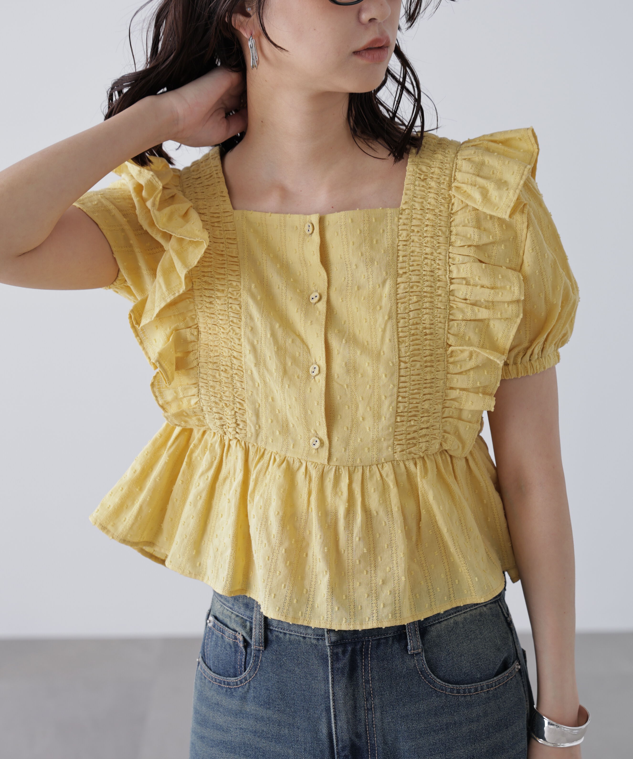  「肩フリルペプラムブラウス」|シャツ・ブラウス|イエロー