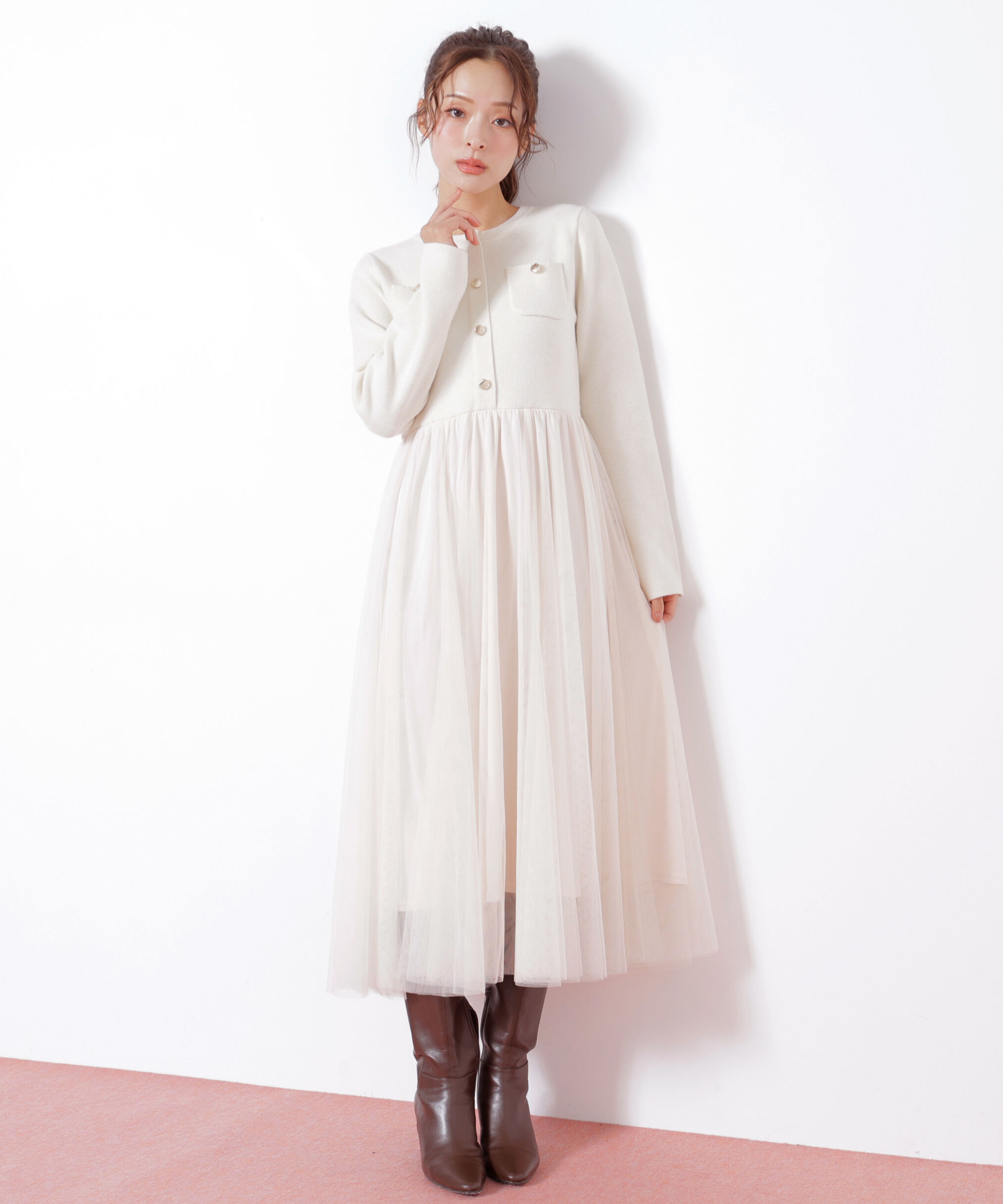  「ニットジャケットドッキングワンピース」|ワンピース|エクリュ