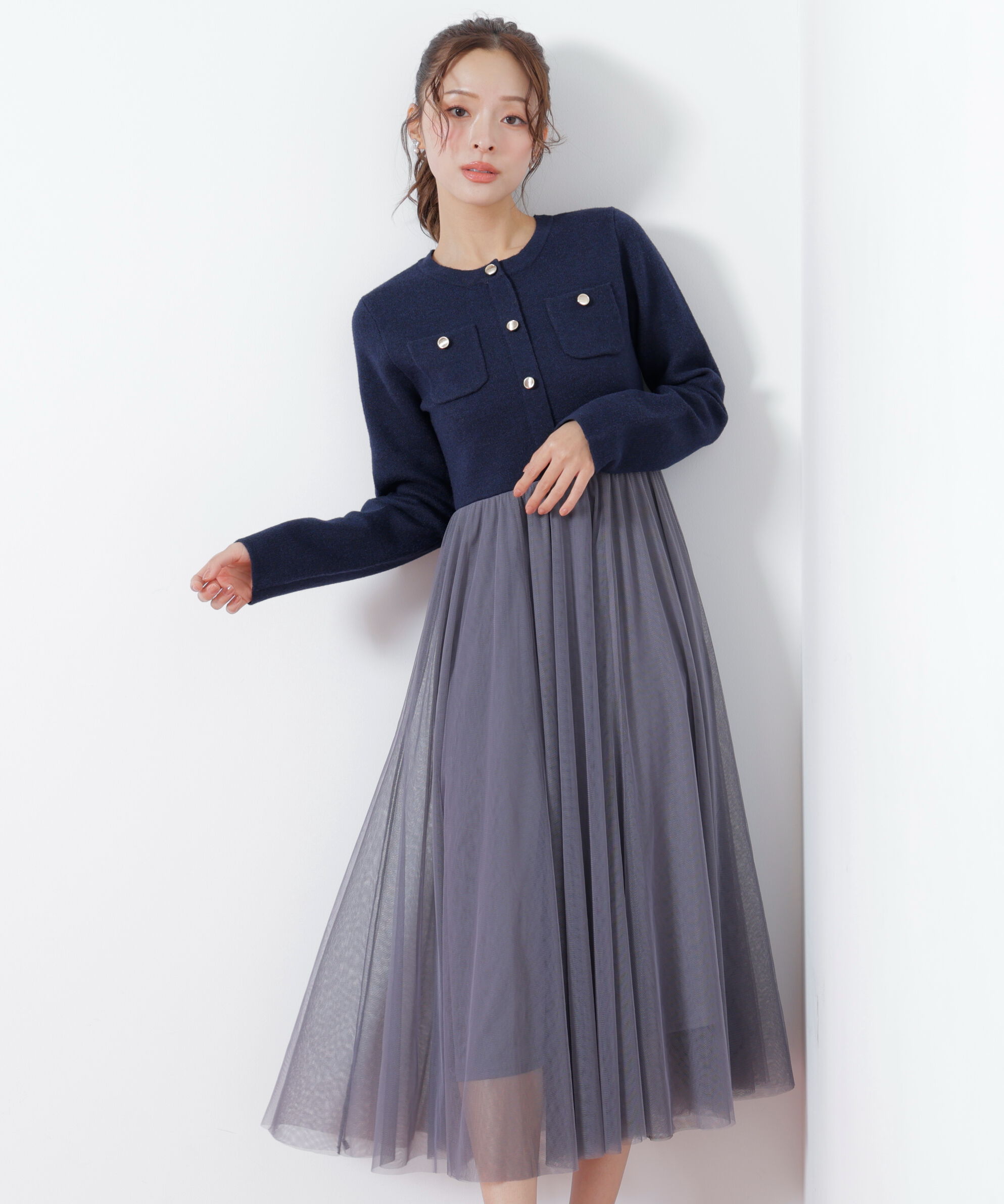  「ニットジャケットドッキングワンピース」|ワンピース|