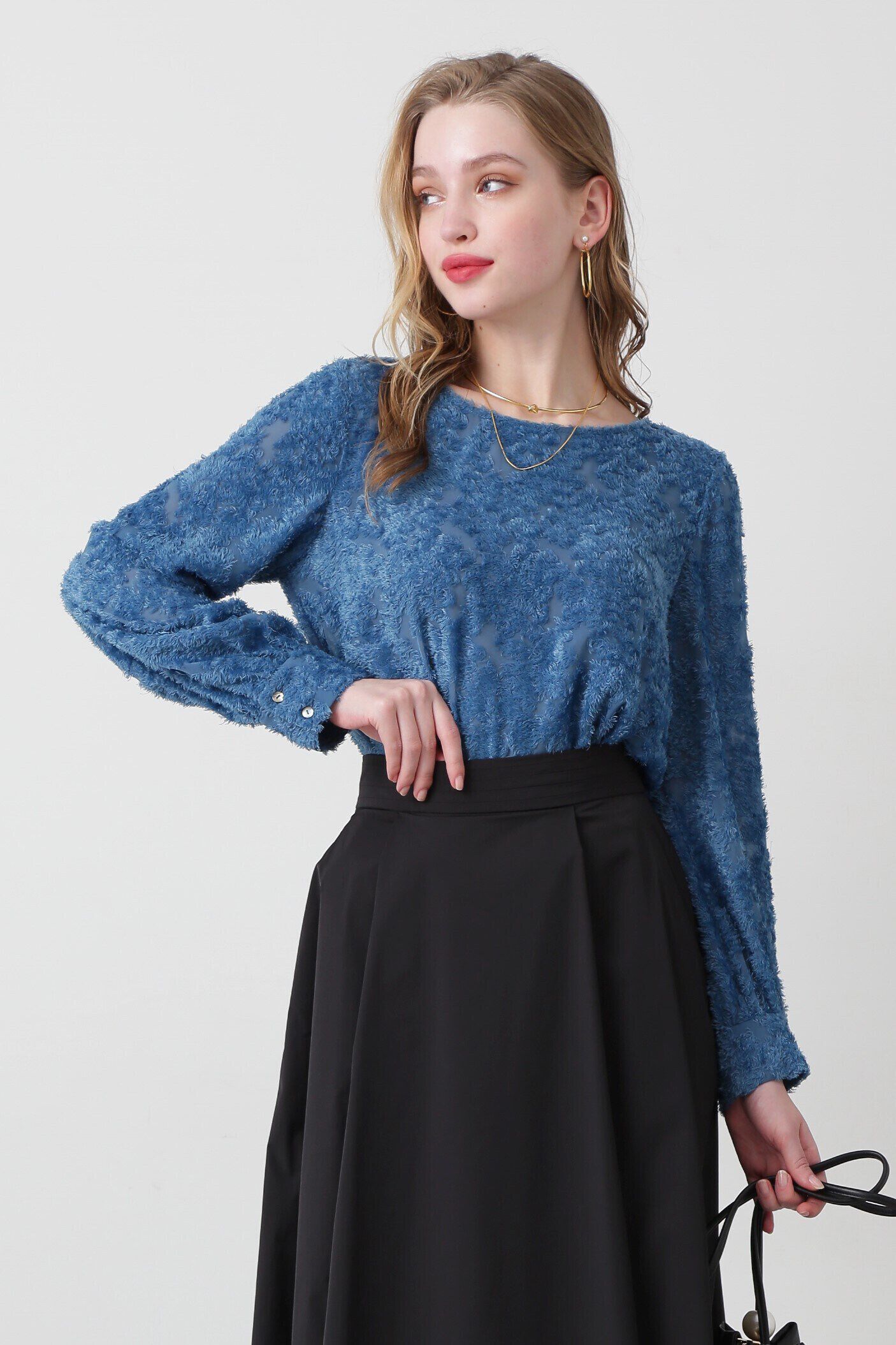  「◆カットジャガードリボンブラウス」|シャツ・ブラウス|ブルー