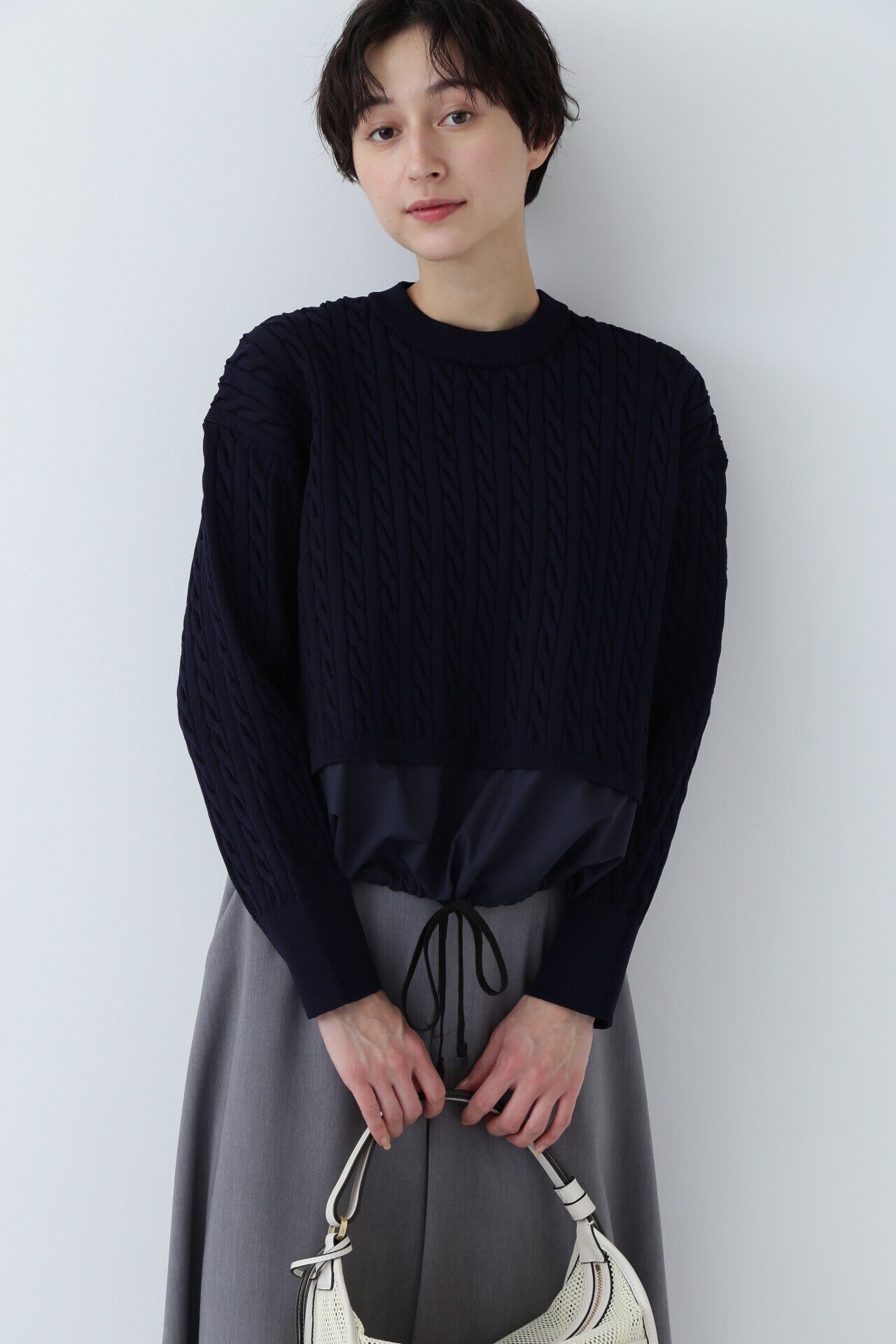  「◆布帛ドッキングケーブルニット」|ニット・セーター|ネイビー&times;ブラ