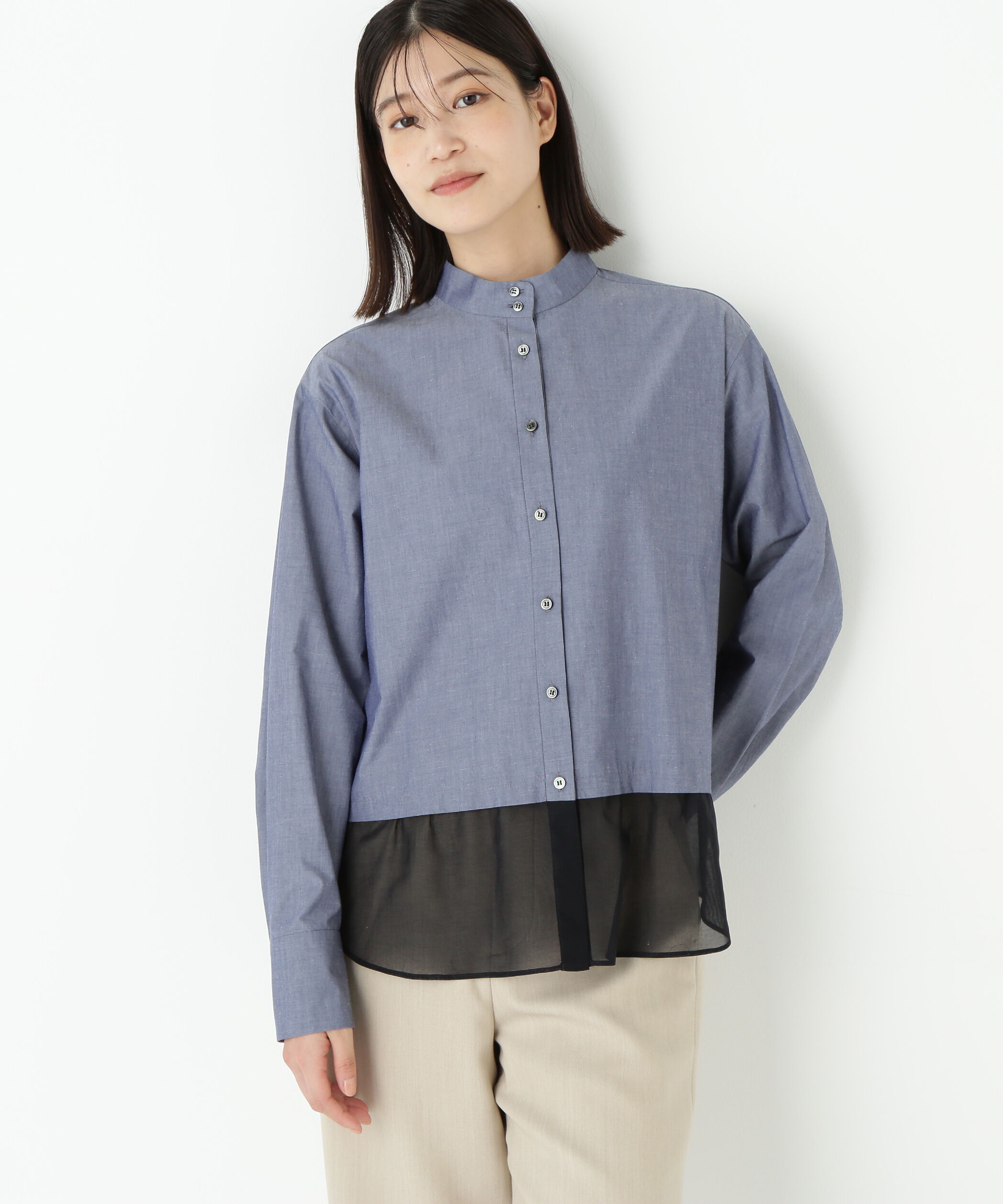  「◆シアーヘムドッキングハイネックブラウス」|シャツ・ブラウス|ネイビー