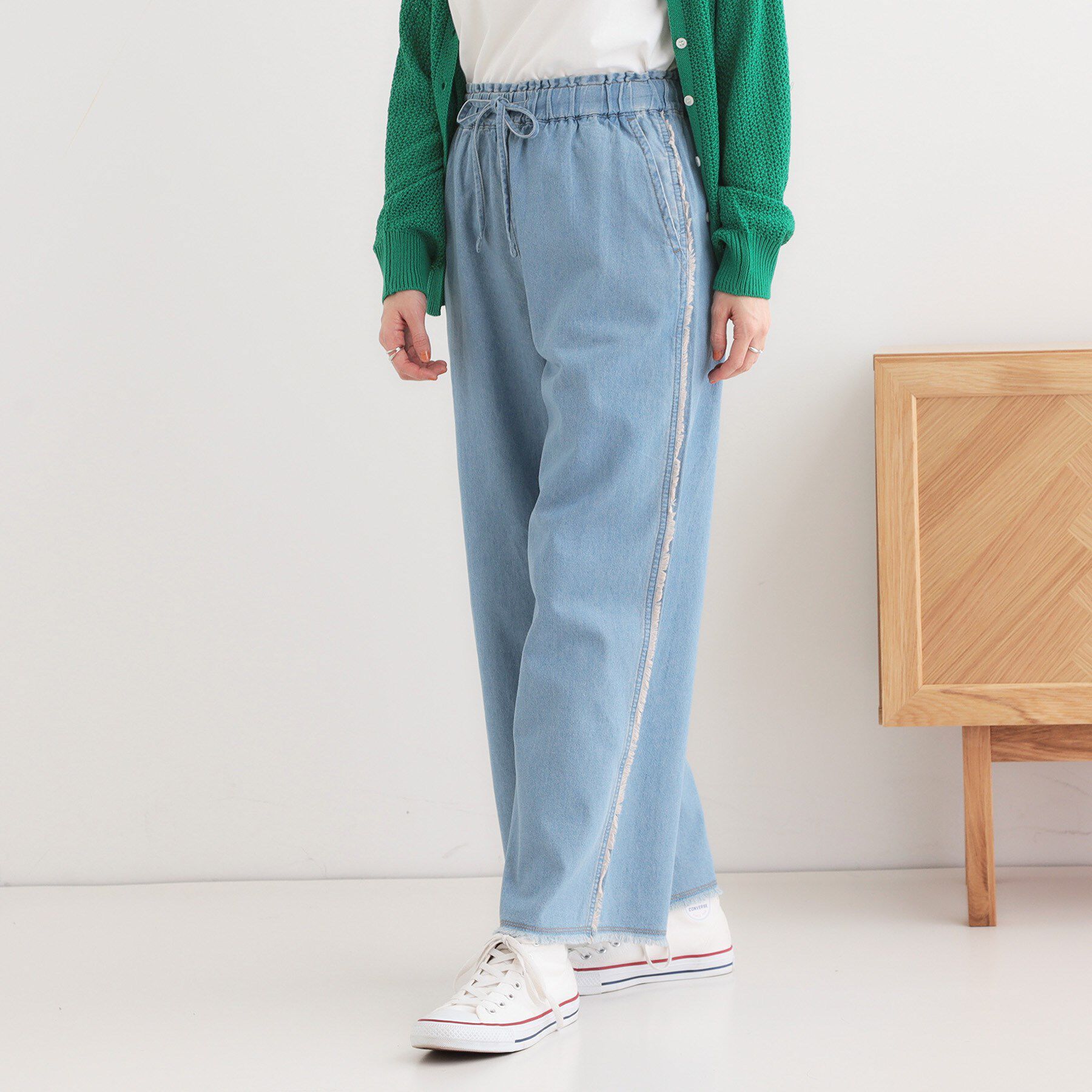 SHOO･LA･RUE「【S-LL】フリンジイージーデニムパンツ」|デニム|