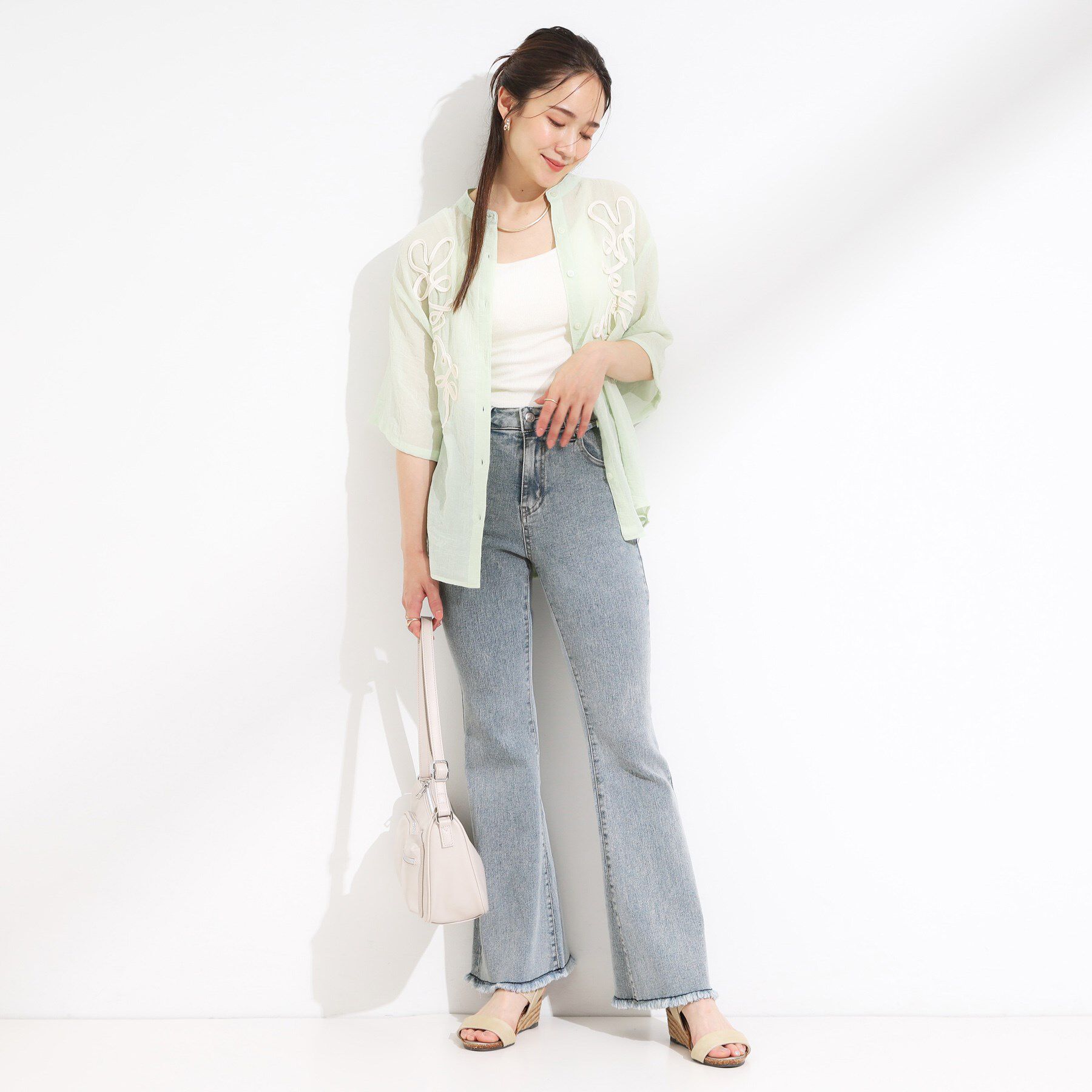 SHOO･LA･RUE「【ひんやり/S-LL】ストレッチフレアデニム」|デニム|