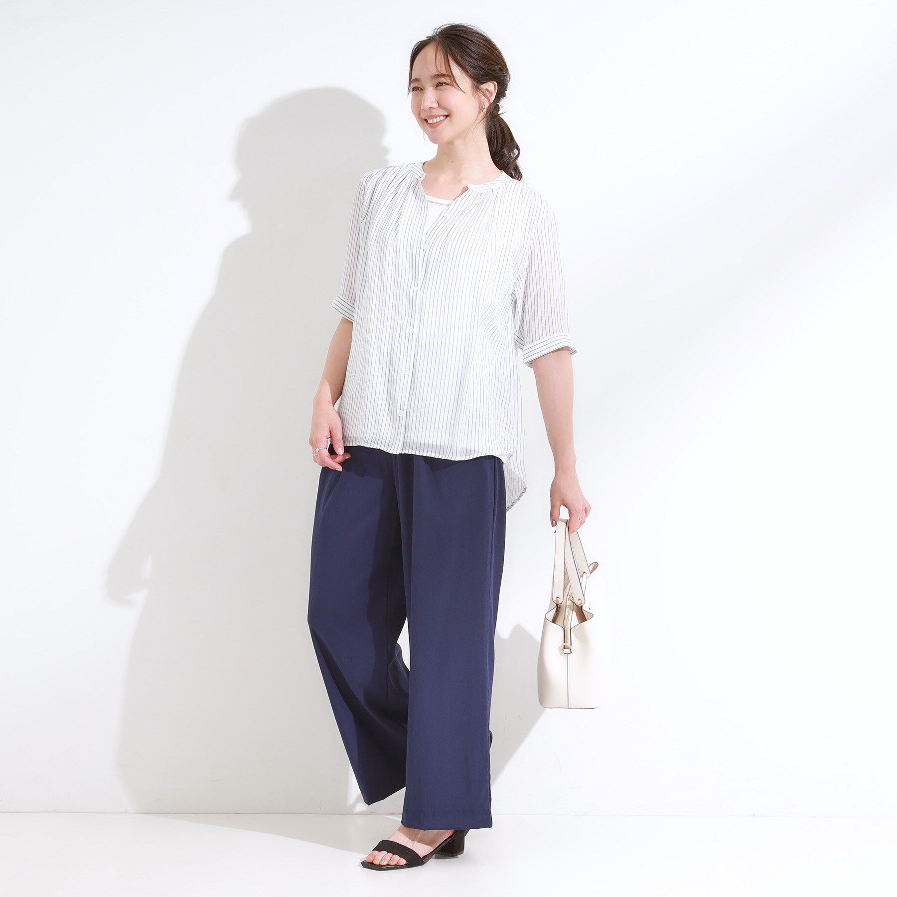 SHOO･LA･RUE「【S-LL/2点セット】着るだけでコーデが決まる 麻調5分袖ブラウス＋タンクトップ」|シャツ・ブラウス|