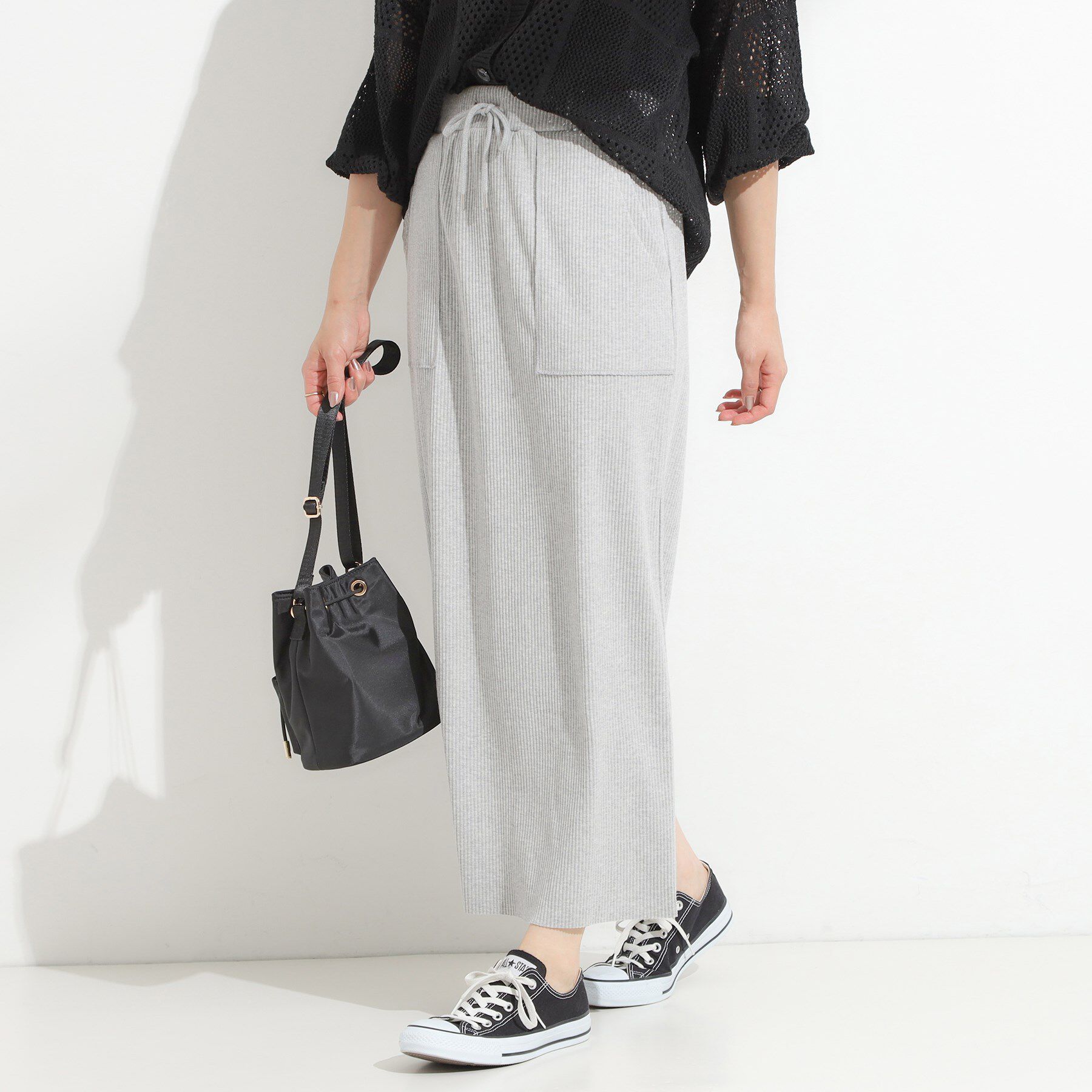 SHOO･LA･RUE「【セルフカット可/吸水速乾/抗菌防臭】着回ししやすい カットリブナロースカート」|スカート|ライトグレー(011