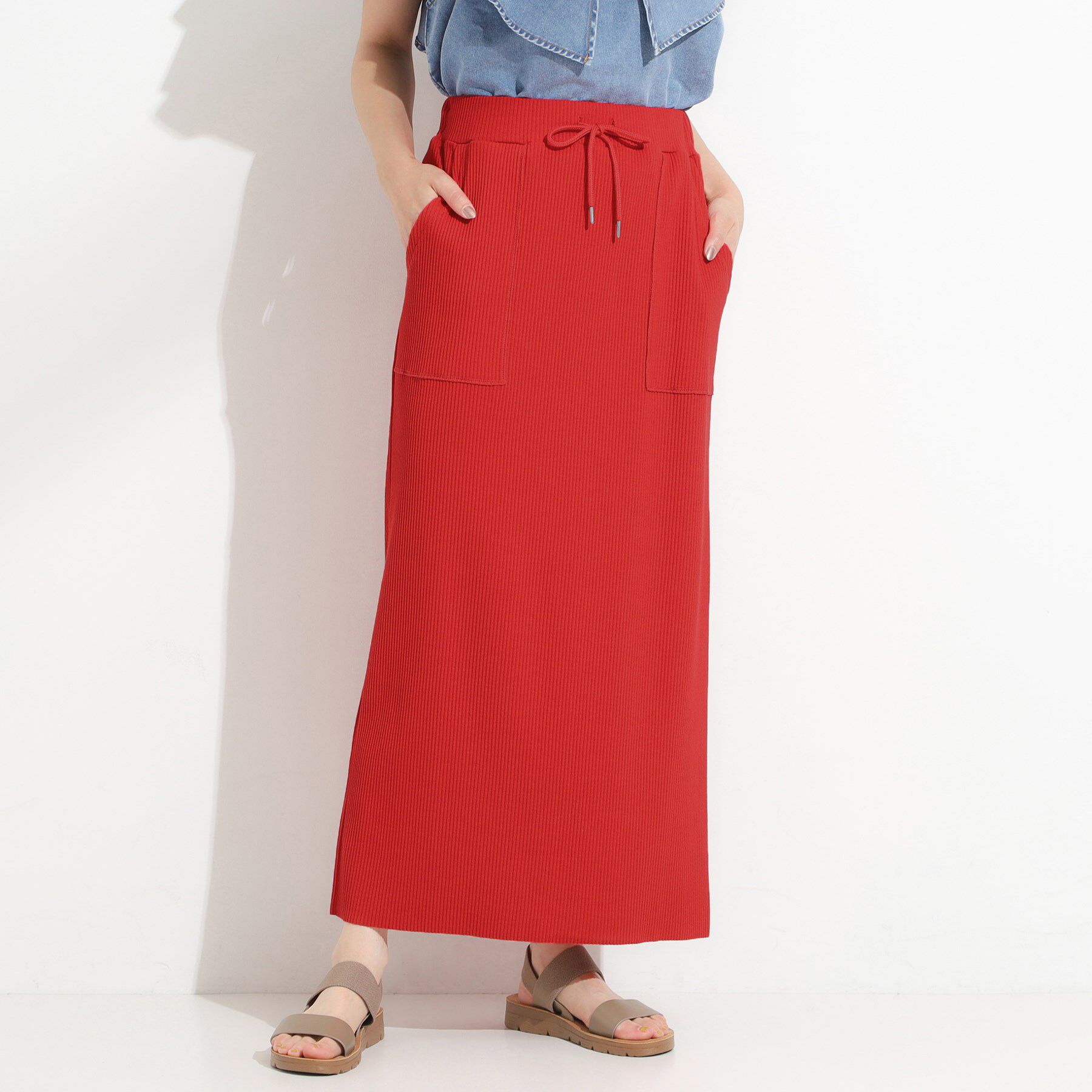 SHOO･LA･RUE「【セルフカット可/吸水速乾/抗菌防臭】着回ししやすい カットリブナロースカート」|スカート|レッド(062)