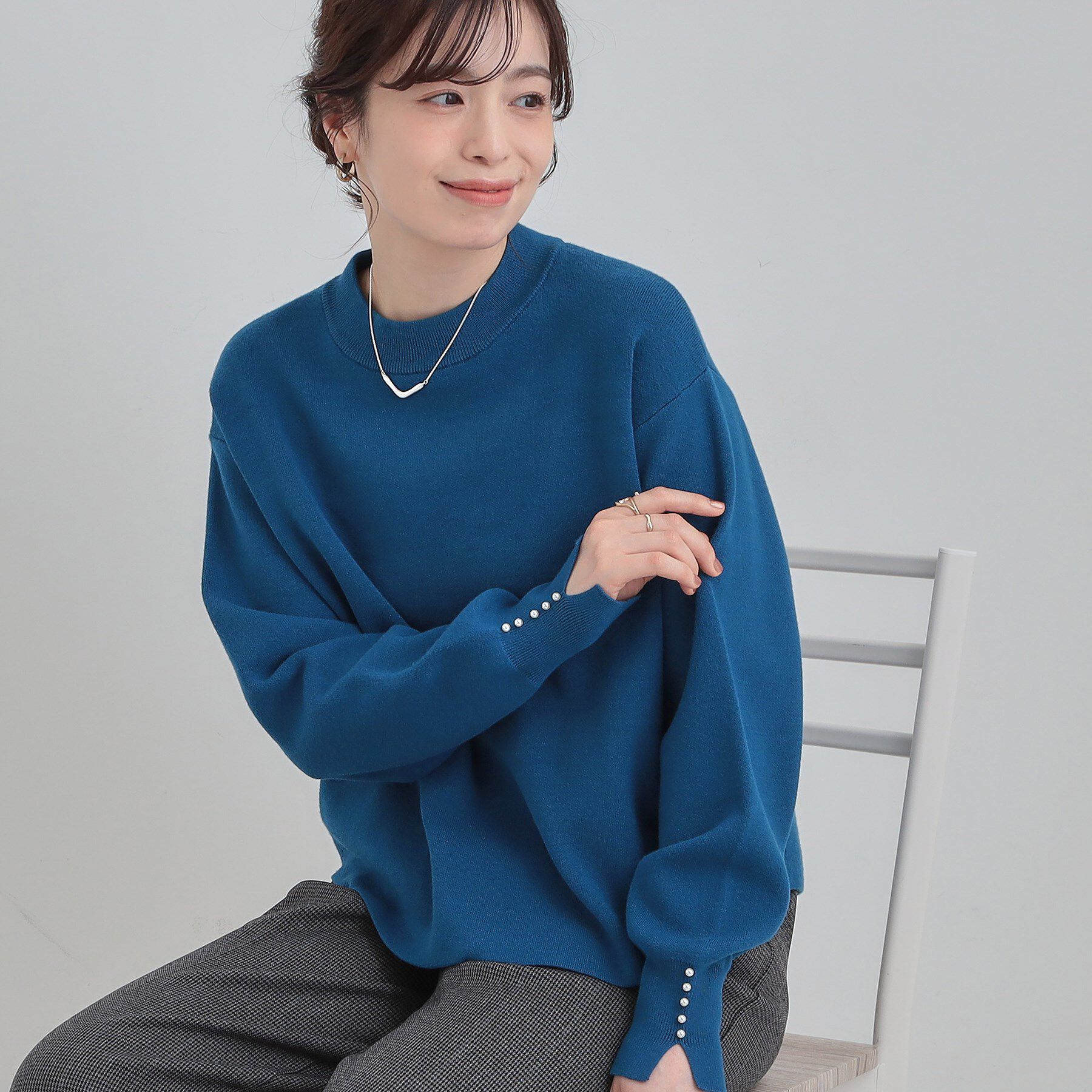 SHOO･LA･RUE「【セットアップ可/S-LL】インせず着られる 洗えるもちもち裾ラウンドニット」|ニット・セーター|ブルー(093)