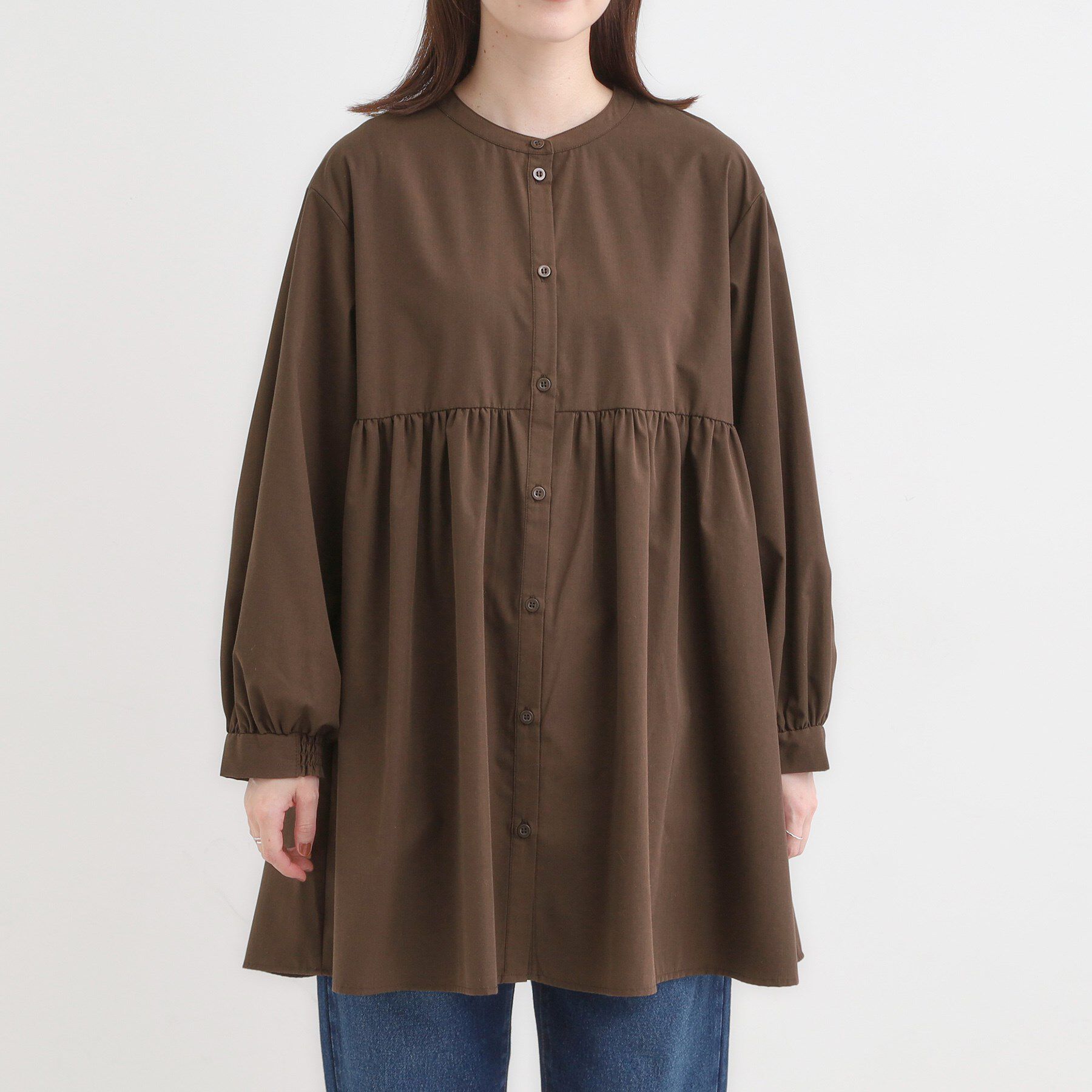 SHOO･LA･RUE「【S-LL】自然に体型カバー 切り替えギャザーチュニックシャツ」|チュニック|