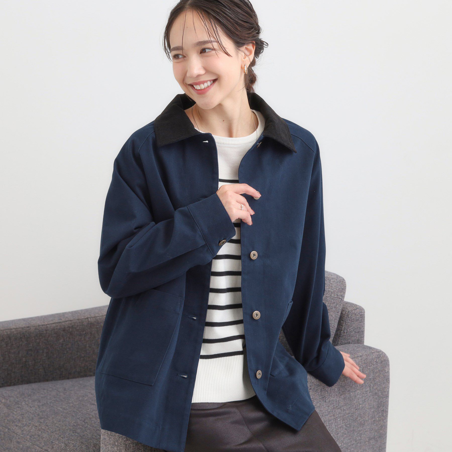 SHOO･LA･RUE「【S-LL】オーバーシルエットでこなれ感 襟コール カバーオール」|ステンカラーコート|ネイビー(094)