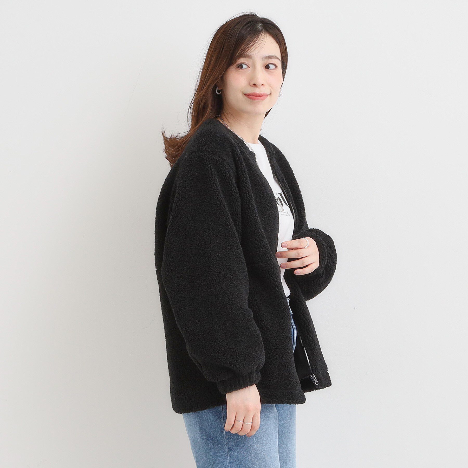 SHOO･LA･RUE「【洗濯機可】即サマになる ノーカラー ボアブルゾン」|ブルゾン・スタジャン|