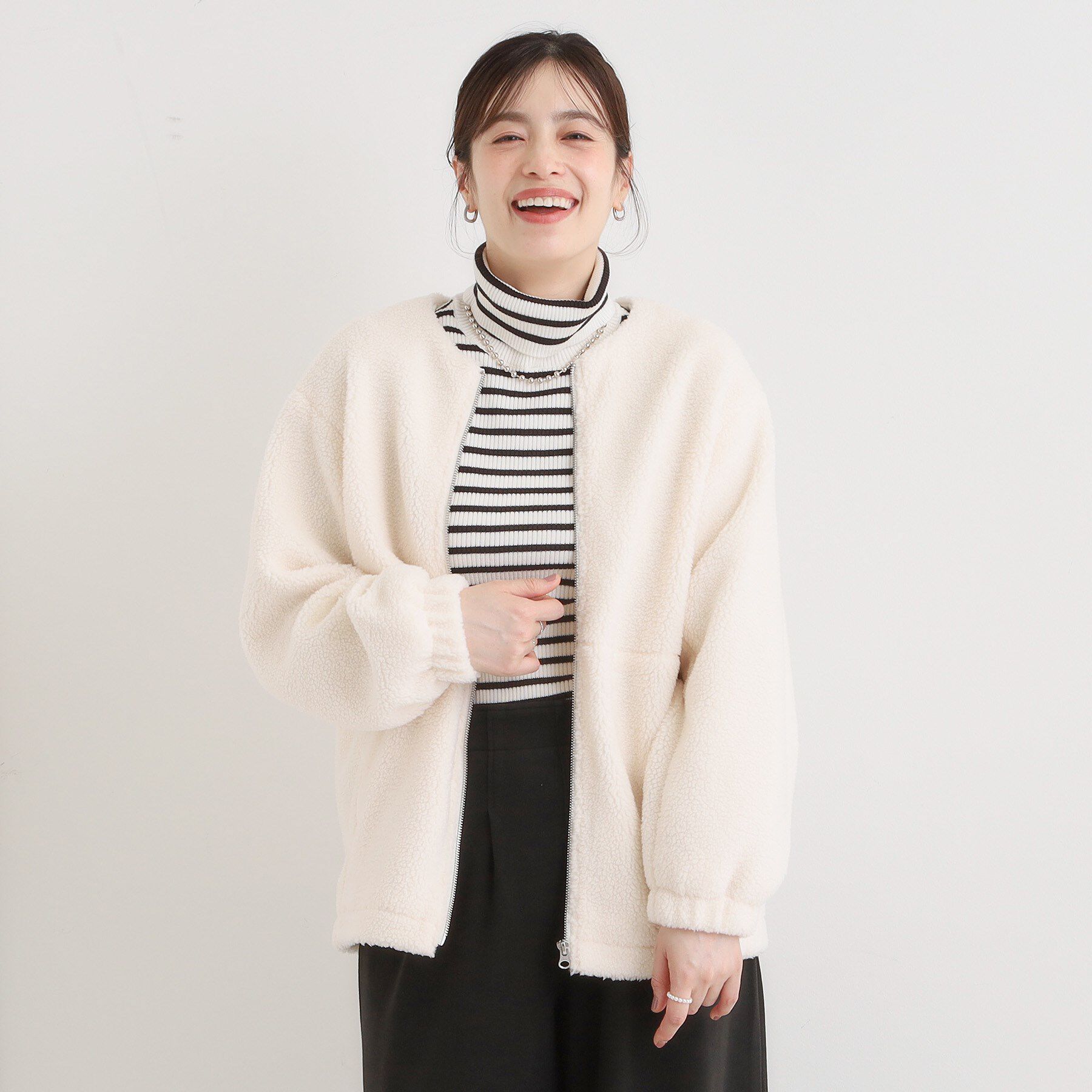 SHOO･LA･RUE「【洗濯機可】即サマになる ノーカラー ボアブルゾン」|ブルゾン・スタジャン|