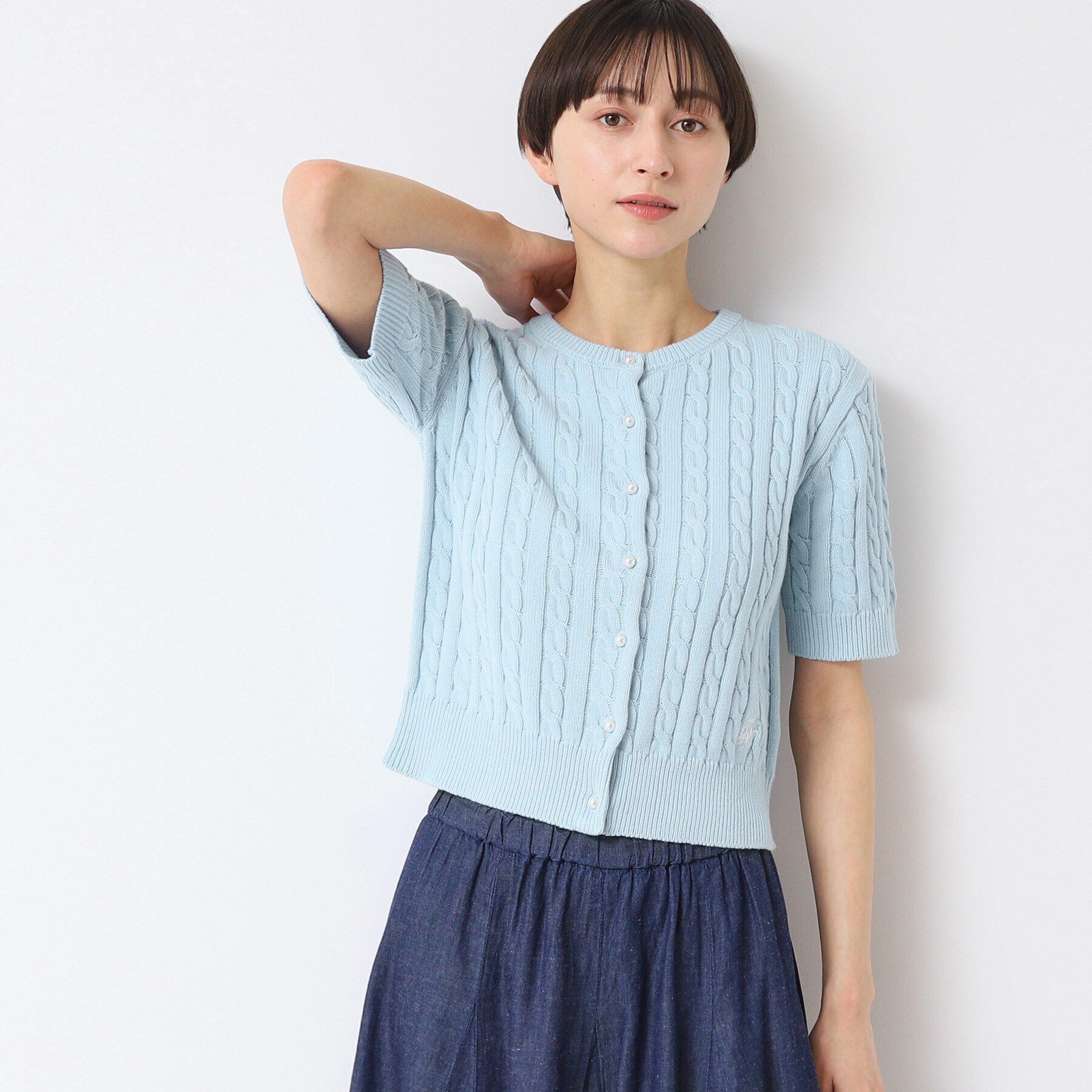 Dessin「【洗える】半袖ケーブルニットコットンカーディガン」|カーディガン|