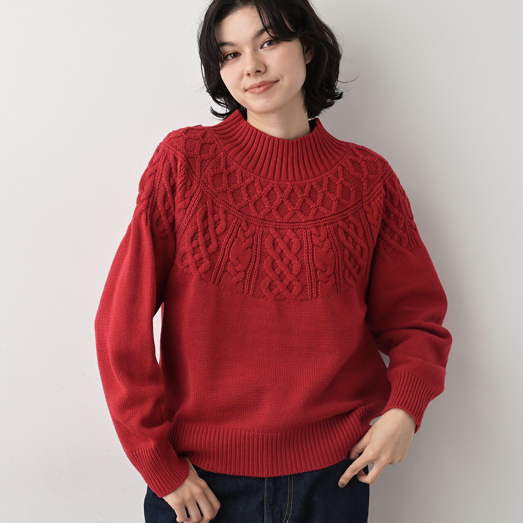 Dessin「【着映え/洗える】求心ケーブル編みハイネックニット」|ニット・セーター|