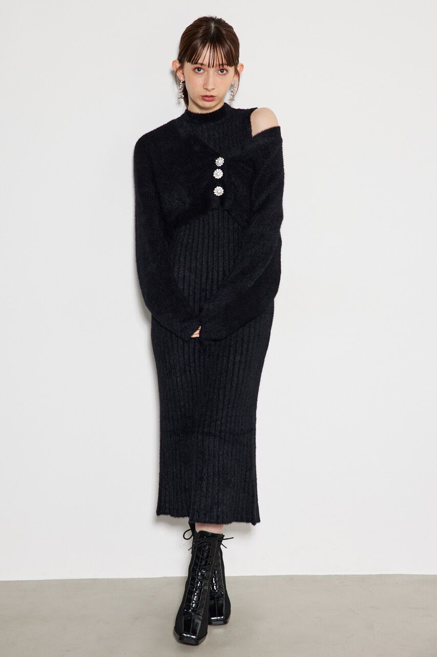 rienda「ビジュー釦カーデSET Knit OP」|ワンピース|BLK
