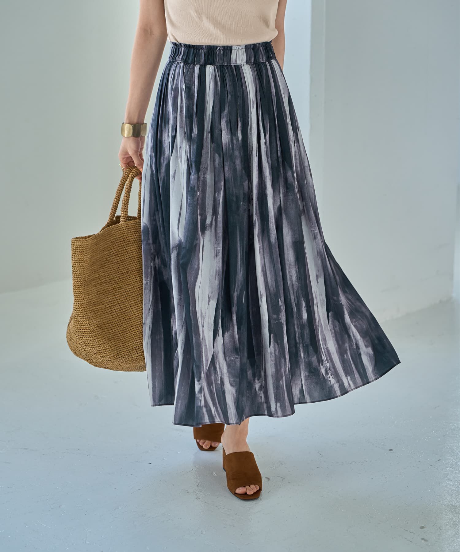 STYLE DELI「水彩ストライプ柄フェードアウトプリーツスカート」|スカート|ブラックミックス