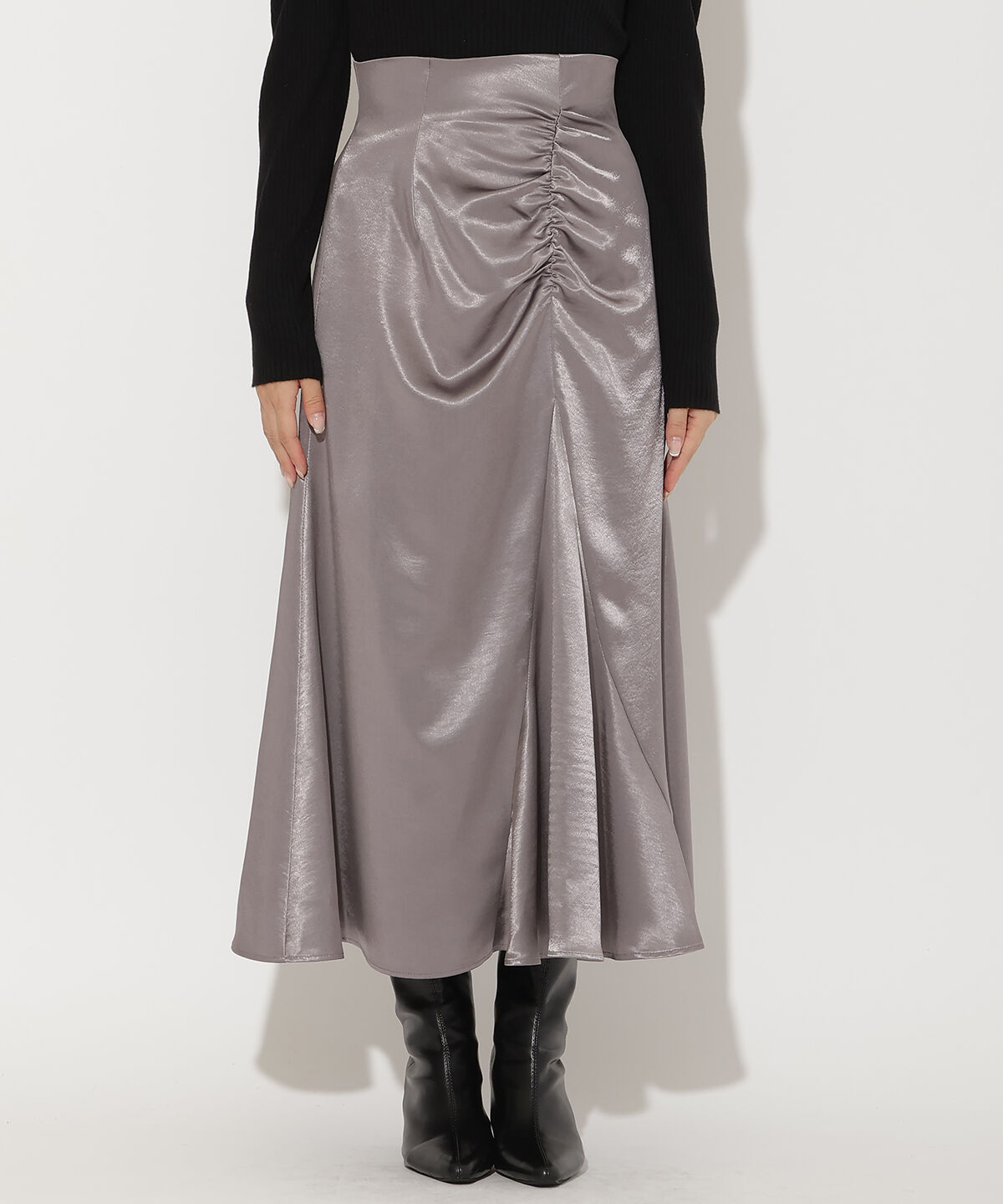 アンドクチュール「ワンサイドシャーリングサテンスカート」|フレア|