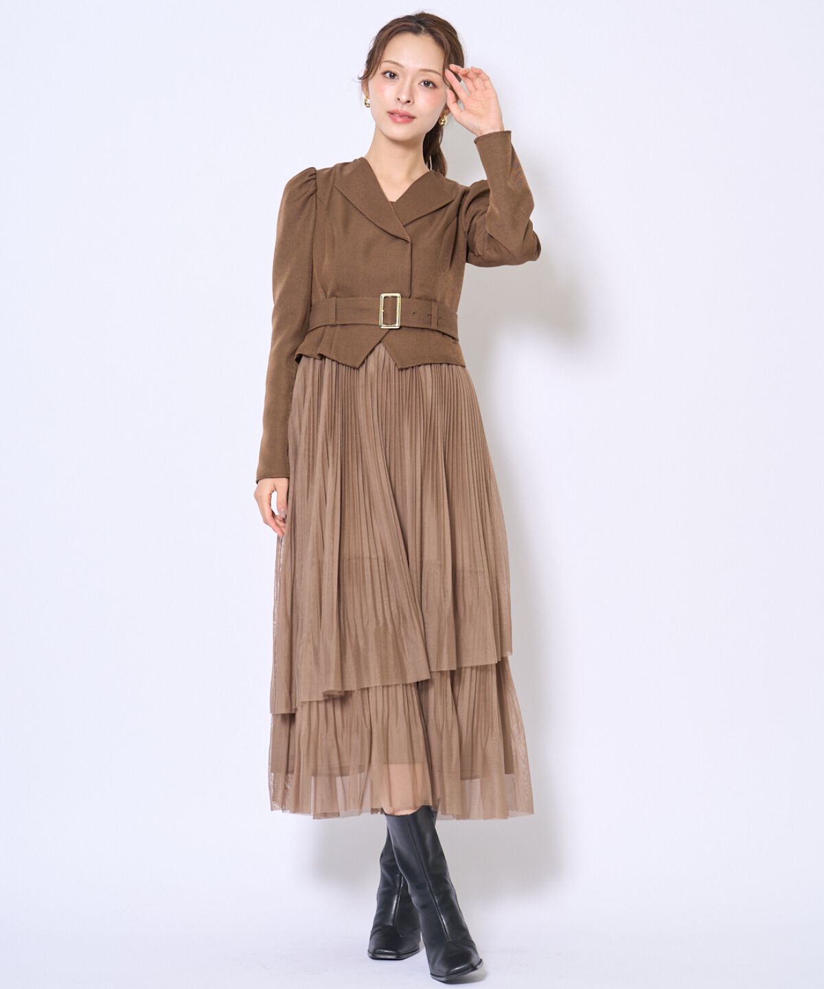 アンドクチュール「プリーツレイヤードワンピース」|ワンピース|ブラウン