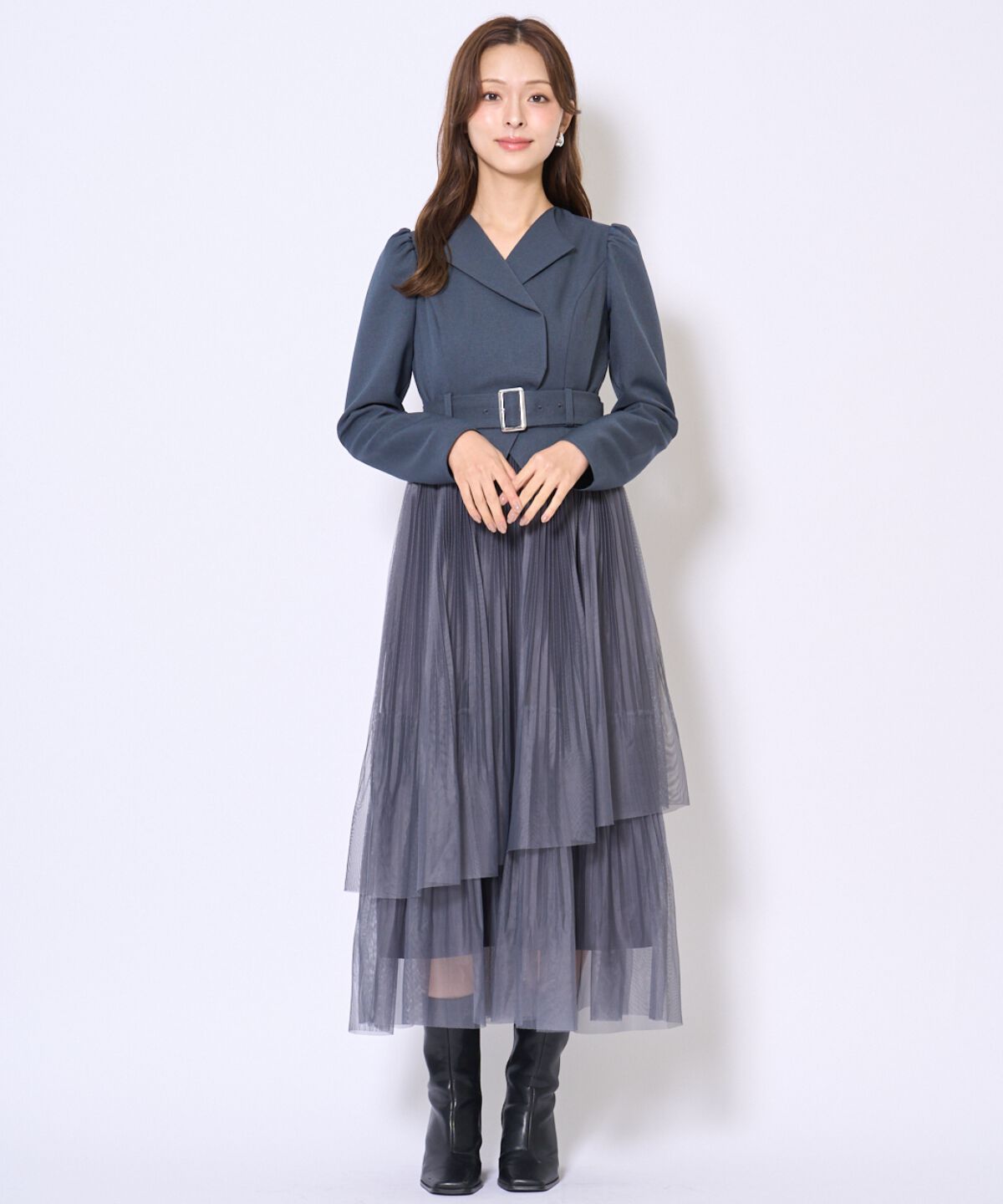 アンドクチュール「プリーツレイヤードワンピース」|ワンピース|ネイビー