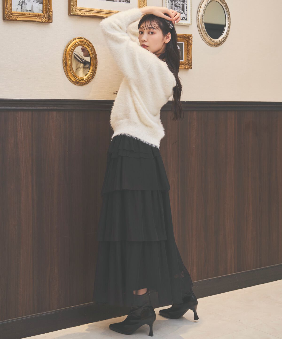 アンドクチュール「チュールティアードスカート」|フレア|ブラック