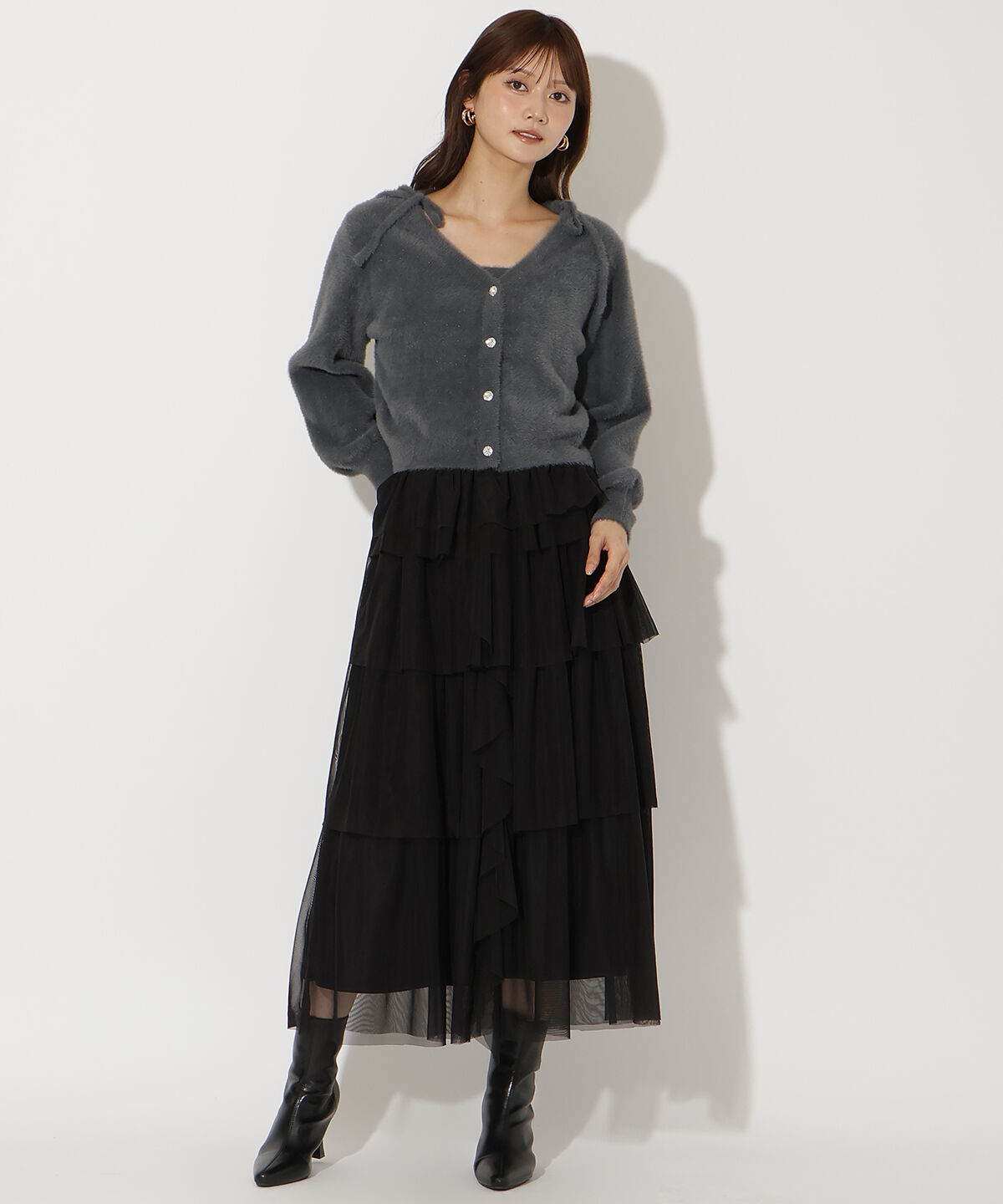 アンドクチュール「ラメフェザーショルダーリボンアンサンブル」|カーディガン|