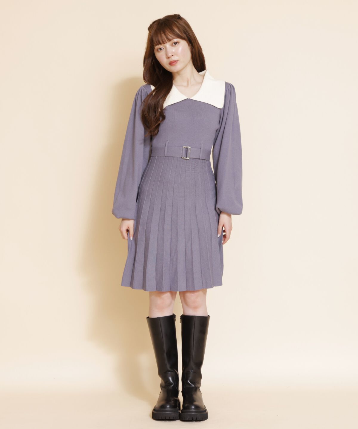 REDYAZEL「ホワイトカラーニットワンピース」|ワンピース|ブルー