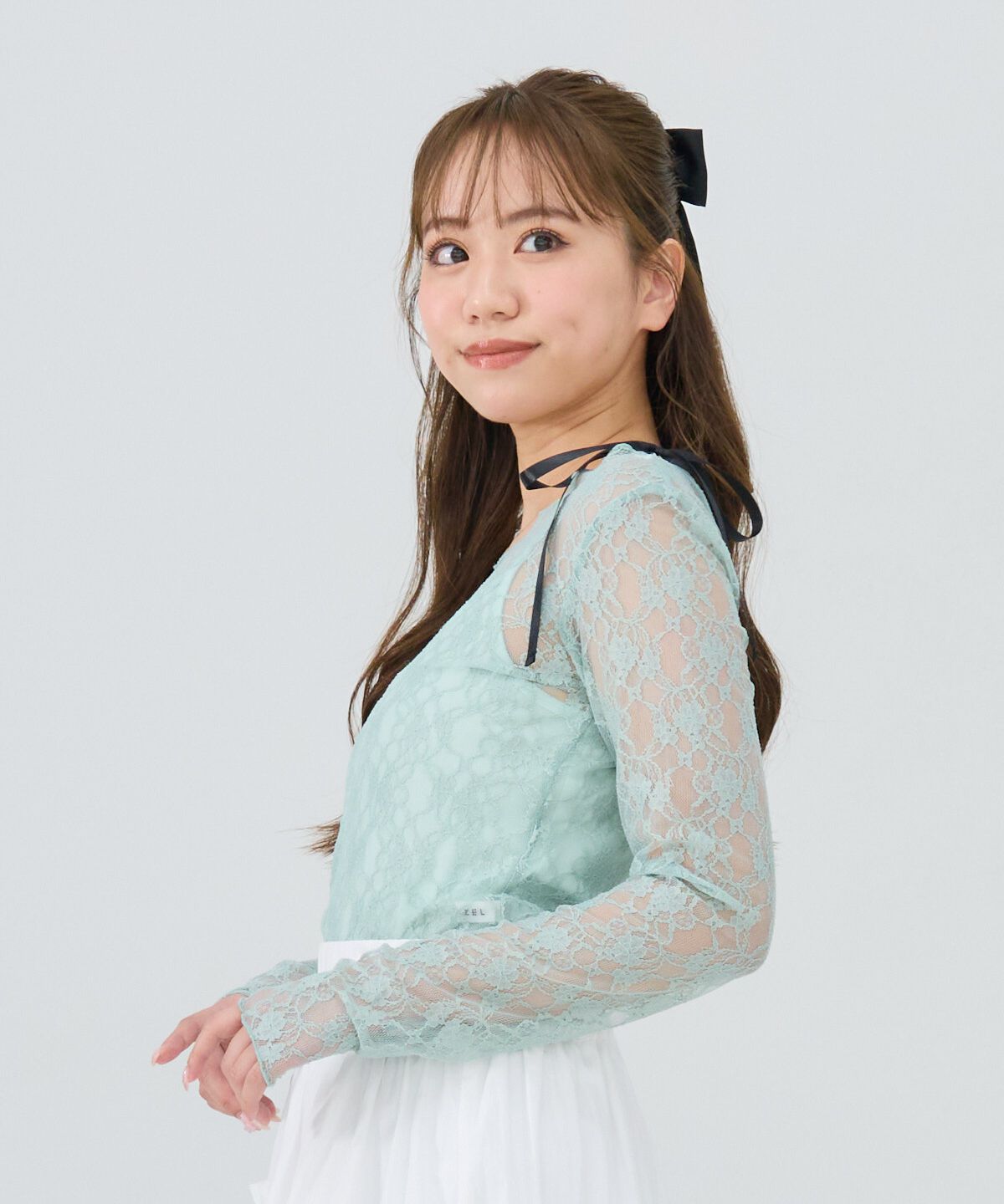 REDYAZEL「サテンリボンショルダーレーストップス」|Tシャツ・カットソー|