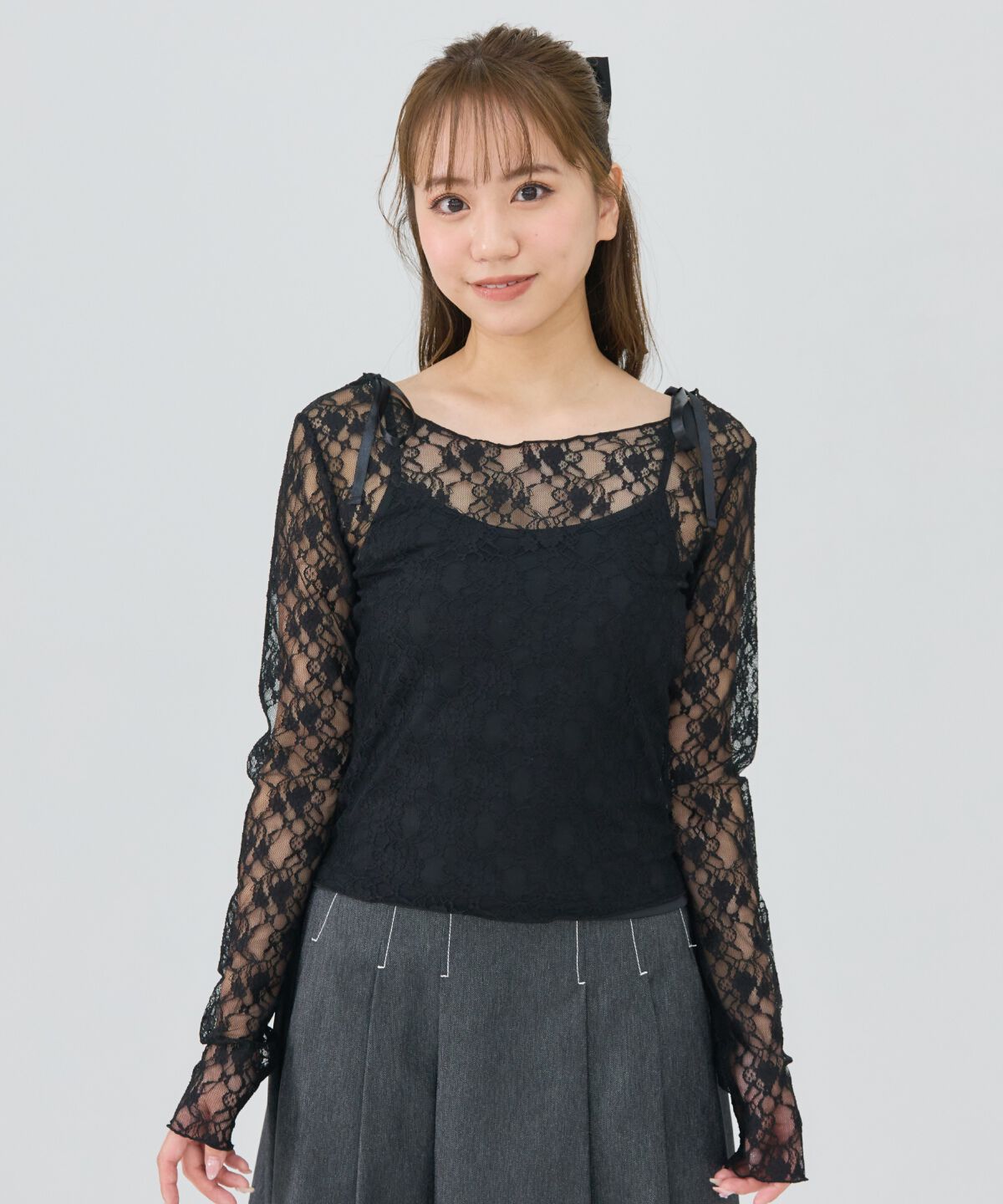 REDYAZEL「サテンリボンショルダーレーストップス」|Tシャツ・カットソー|ブラック