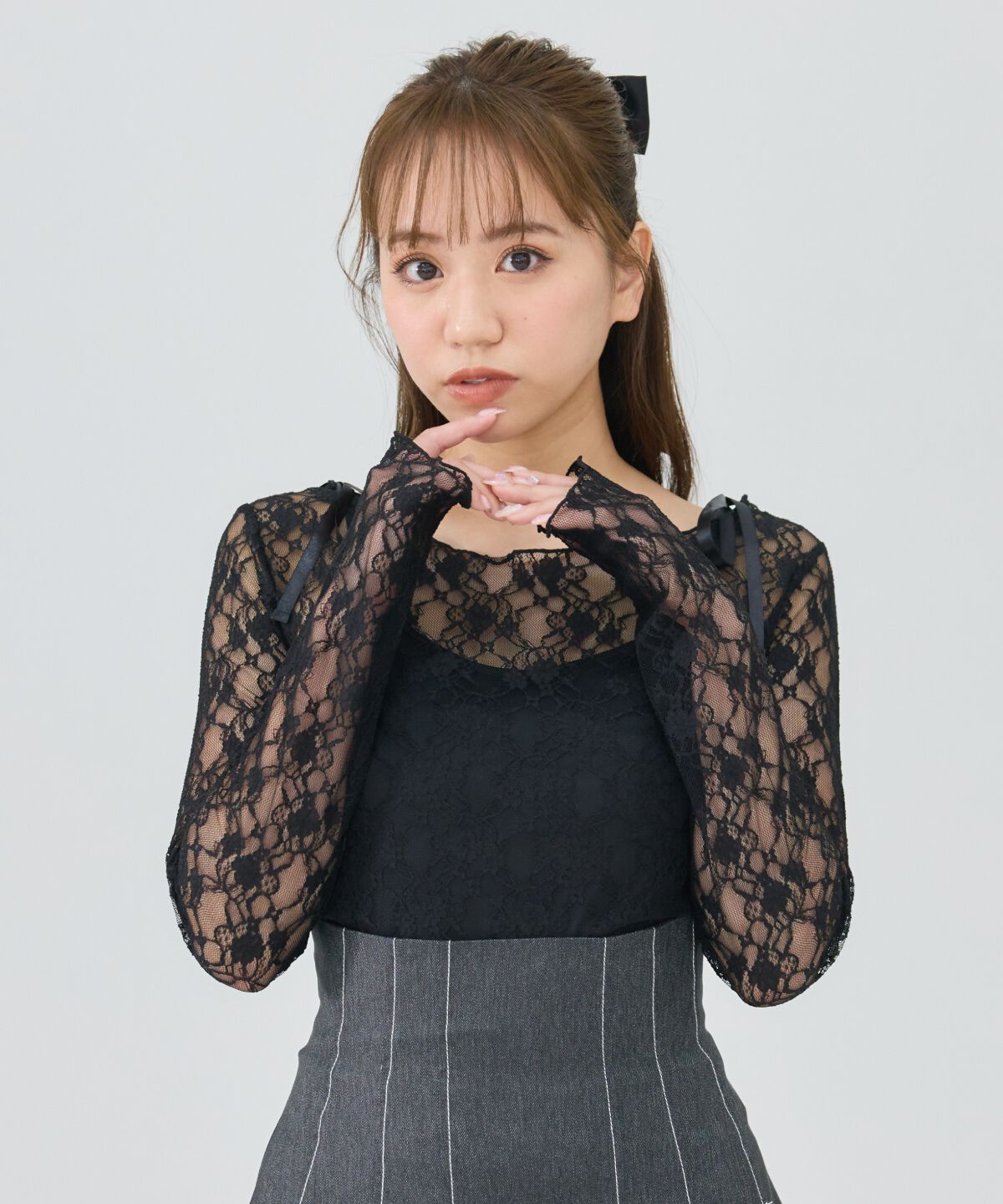 REDYAZEL「サテンリボンショルダーレーストップス」|Tシャツ・カットソー|