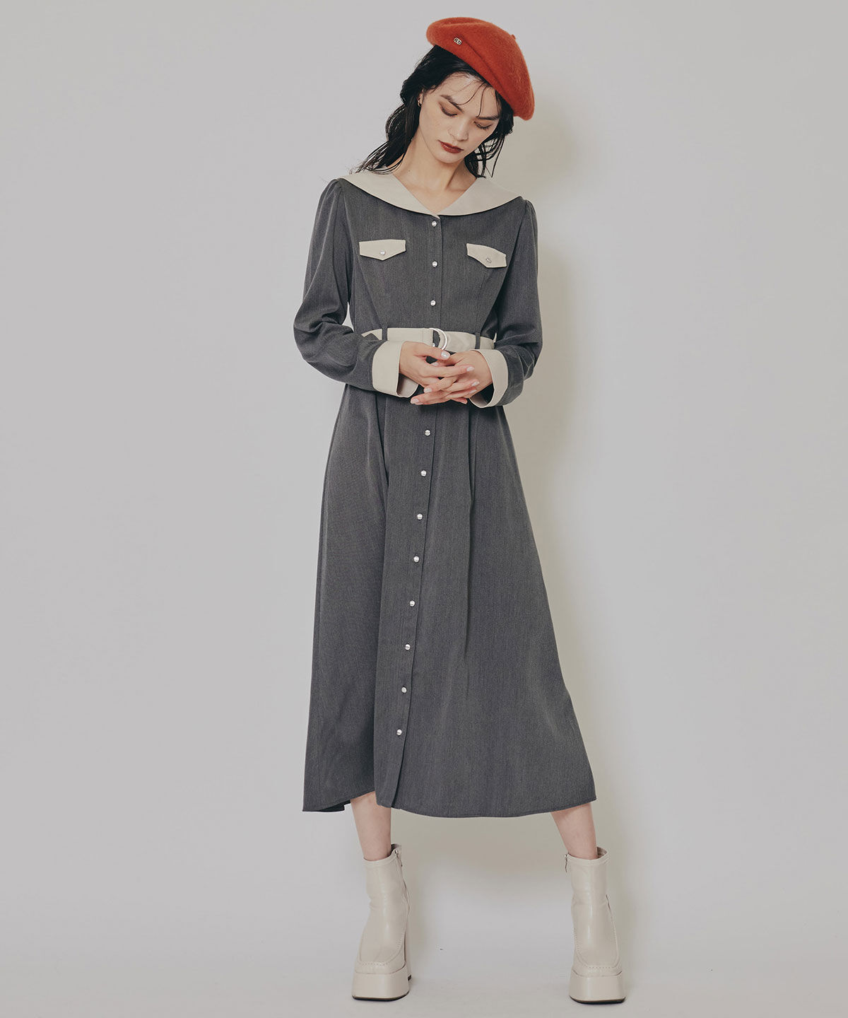 REDYAZEL「BIGセーラーカラーロングワンピース」|ワンピース|ﾁｬｺｰﾙｸﾞﾚｰ