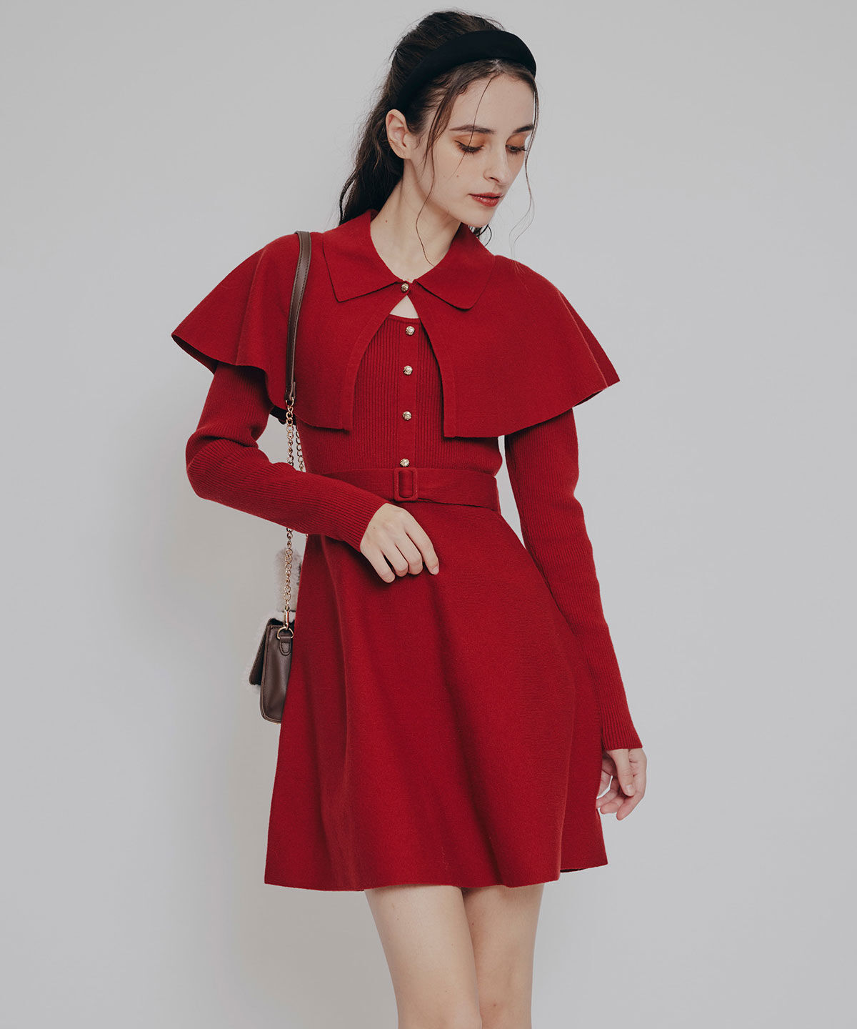 REDYAZEL「ケープSETニットフレアミニワンピース」|ワンピース|レッド