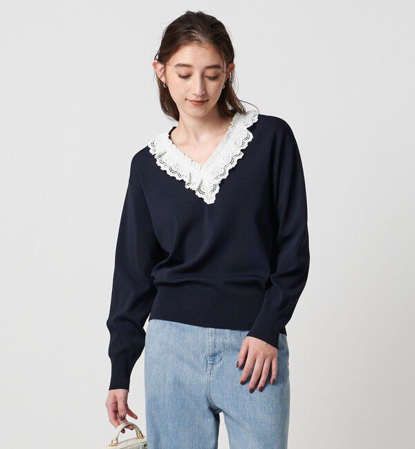 UNITED ARROWS「スカラップ レース フリル ニット‐ウォッシャブル‐」|ニット・セーター|NAVY