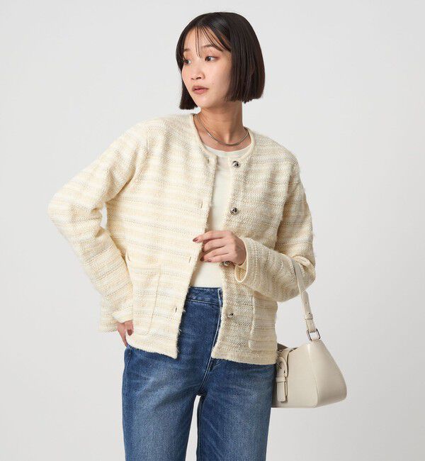 UNITED ARROWS green label relaxing「ミックスツイードライク ノーカラー ニット カーディガン」|カーディガン|