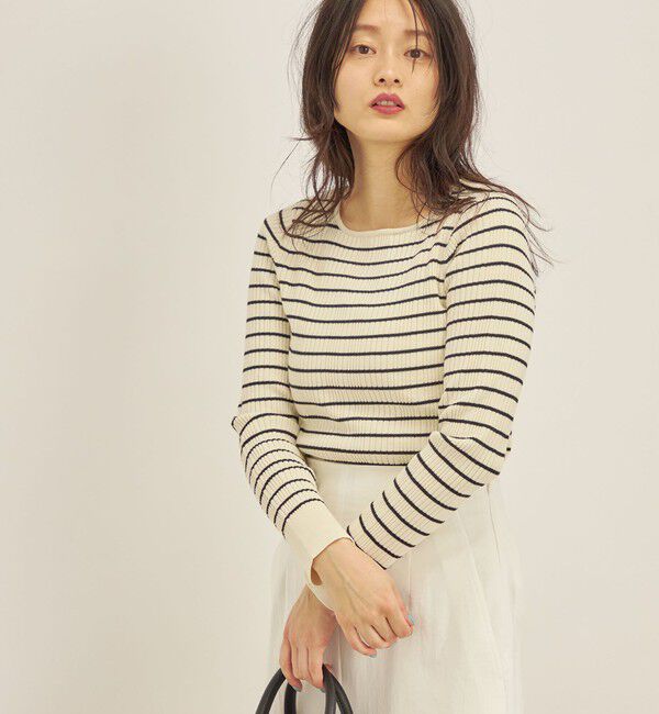 SHIPS for women「〈手洗い可能〉フェルガナ コットン ランダム リブ スクエアネック プルオーバー ◇」|ニット・セーター|オフホワイト