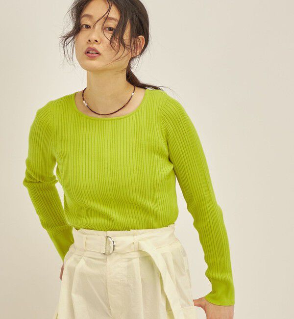 SHIPS for women「〈手洗い可能〉フェルガナ コットン ランダム リブ スクエアネック プルオーバー ◇」|ニット・セーター|イエロー