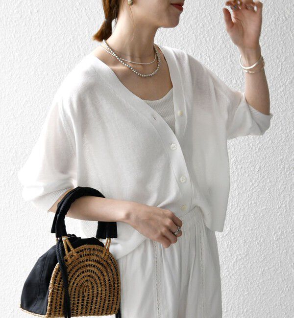 SHIPS any「SHIPS any:〈手洗い可能〉リネン ミックス Vネック ショート シアー カーディガン」|カーディガン|