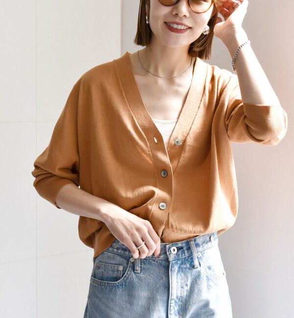 SHIPS any「SHIPS any:〈手洗い可能〉リネン ミックス Vネック ショート シアー カーディガン」|カーディガン|キャメル