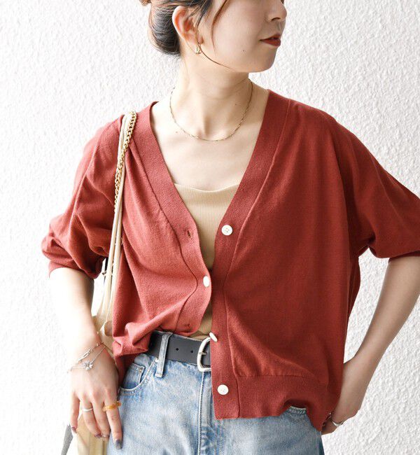 SHIPS any「SHIPS any:〈手洗い可能〉リネン ミックス Vネック ショート シアー カーディガン」|カーディガン|レンガ