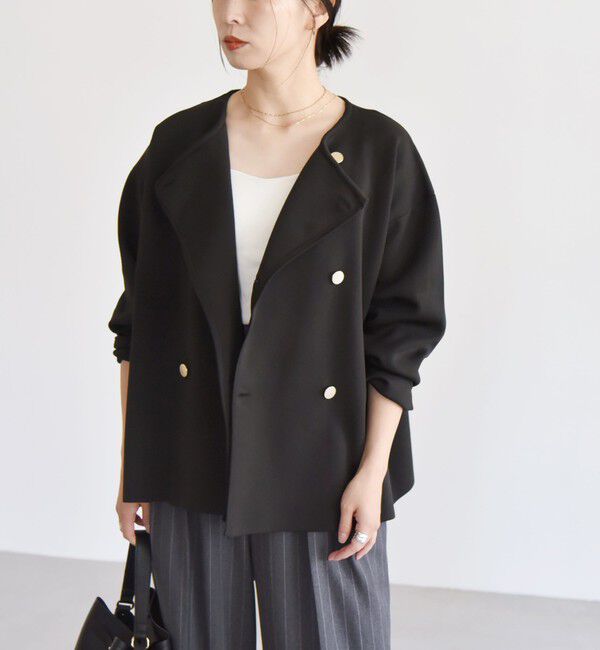 quaranciel「quaranciel:〈手洗い可能〉ニット ノーカラー ダブルジャケット カーディガン」|カーディガン|