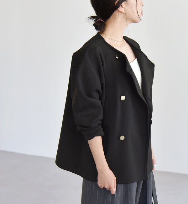 quaranciel「quaranciel:〈手洗い可能〉ニット ノーカラー ダブルジャケット カーディガン」|カーディガン|